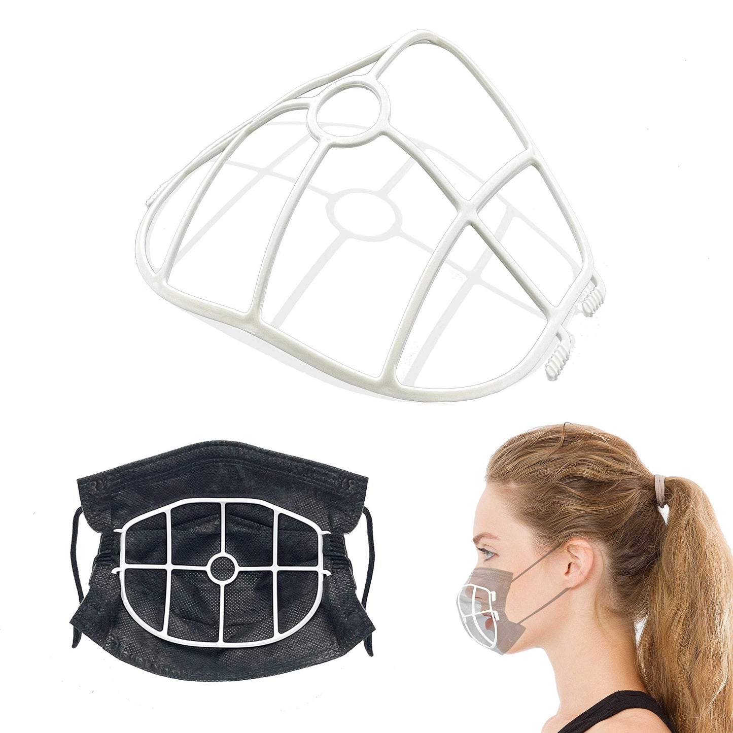 3D Face Mask Bracket, upgrade hook design, inner support frame, more space for comfortable breathing, made of food-grade plastic, 5 Pack. - Medaid International