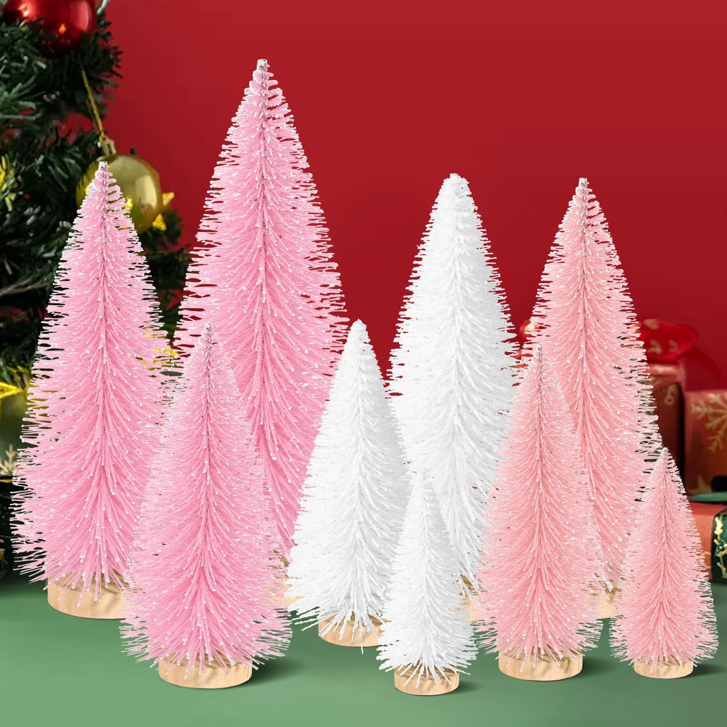 9Pcs Mini Christmas Trees Christmas Decor Artificial Christmas Decorations with 4 Sizes, Christmas Tree Bottle Brush Trees Christmas Table Decorations (Pink Light Pink White) - Medaid International