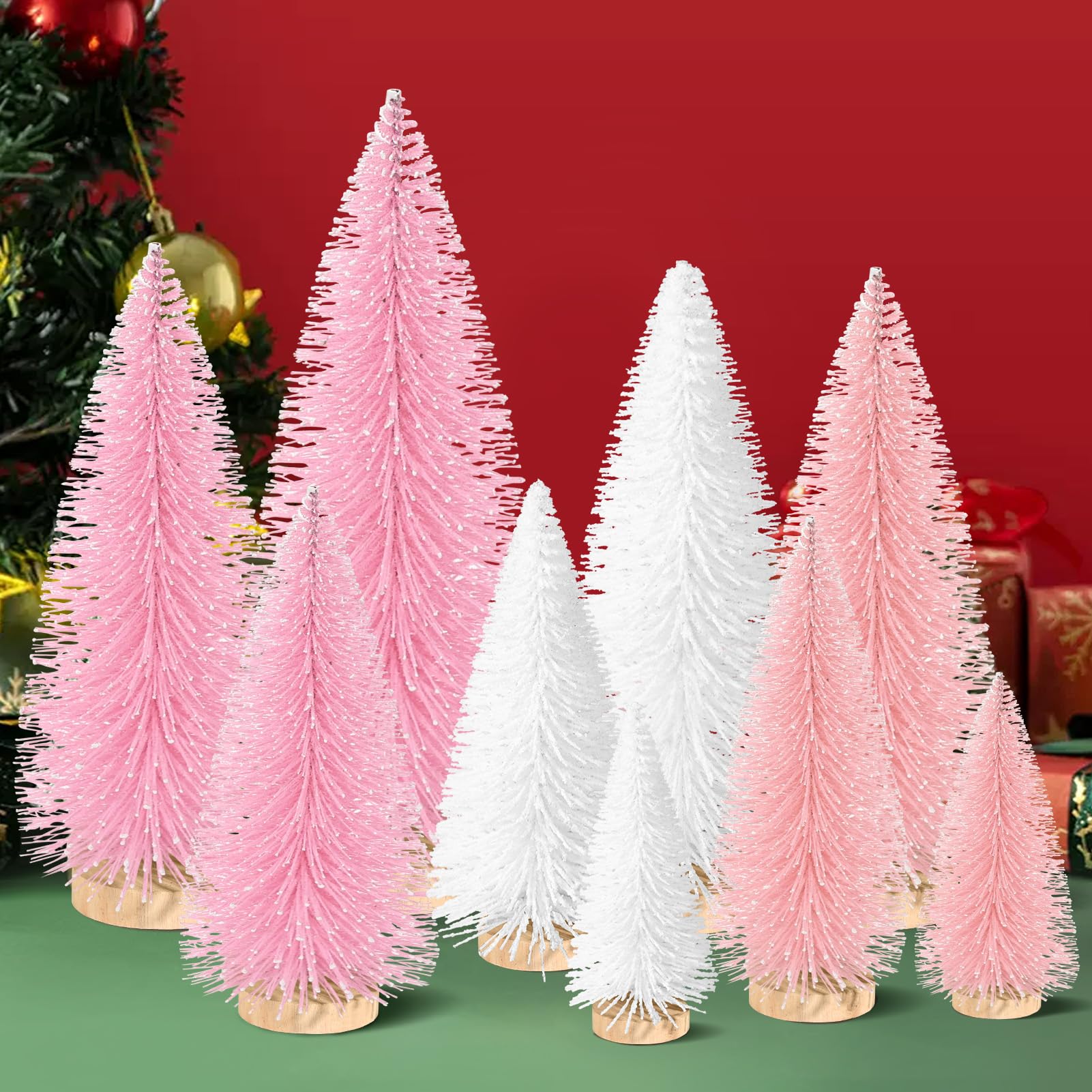 9Pcs Mini Christmas Trees Christmas Decor Artificial Christmas Decorations with 4 Sizes, Christmas Tree Bottle Brush Trees Christmas Table Decorations (Pink Light Pink White) - Medaid International