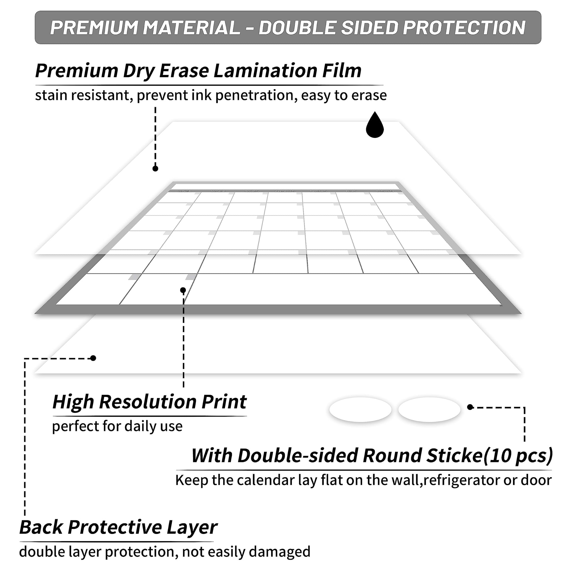 Large Dry Erase Calendar for Wall, Undated 1 Month Wall Calendar, 40" x 28" Erasable & Reusable Laminated Calendar, 10 Round Stickers, Great Layout Wall Calendar Monthly for Home Office School - Medaid International