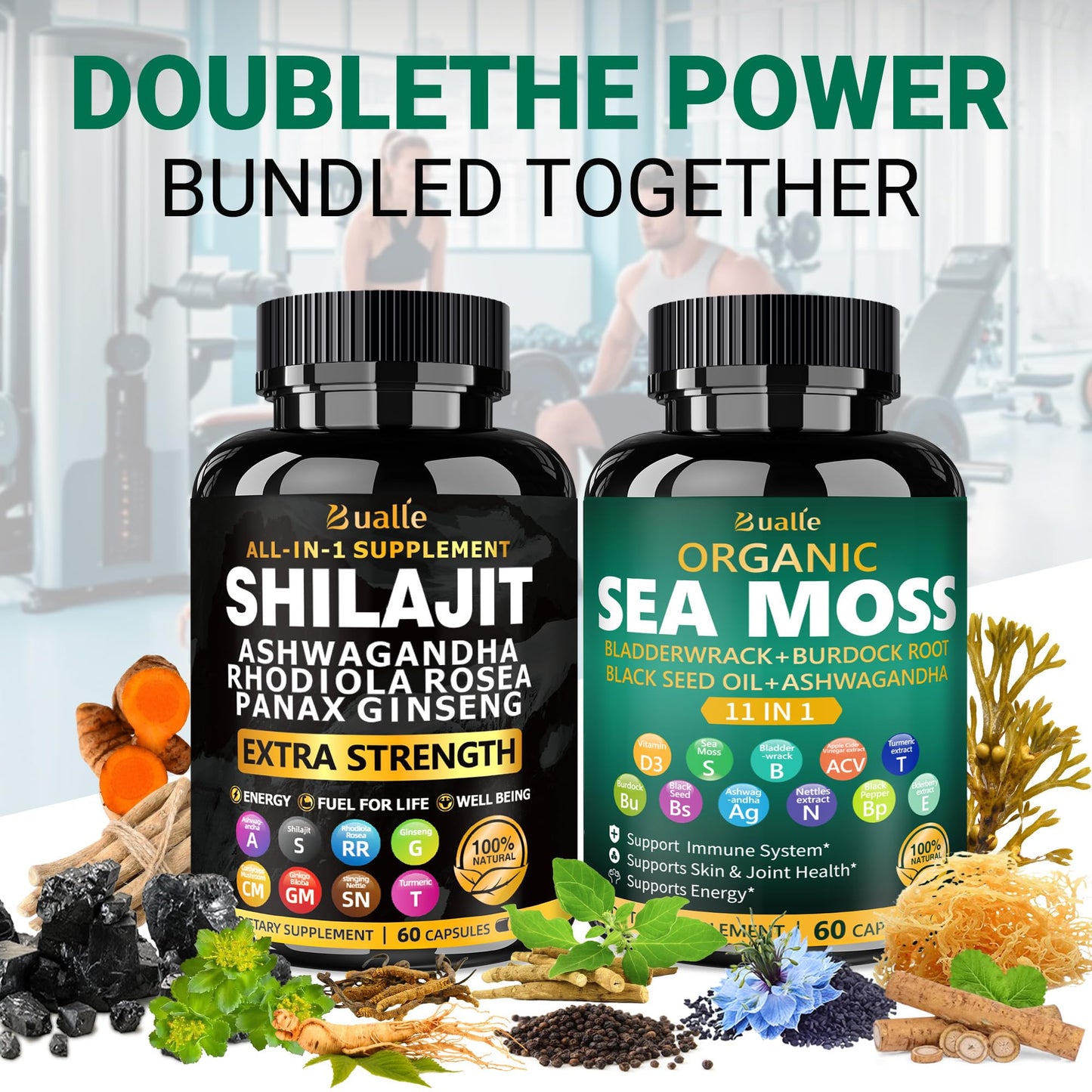 Bualle Organic Sea Moss for Women & Shilajit for Men,Ashwagandha Supplement with Black Seed Oil, Maca & Ginger, Supports Daily Wellness, Skin & Energy–120 Vegan Capsules – Organic Herbal Complex - Medaid International