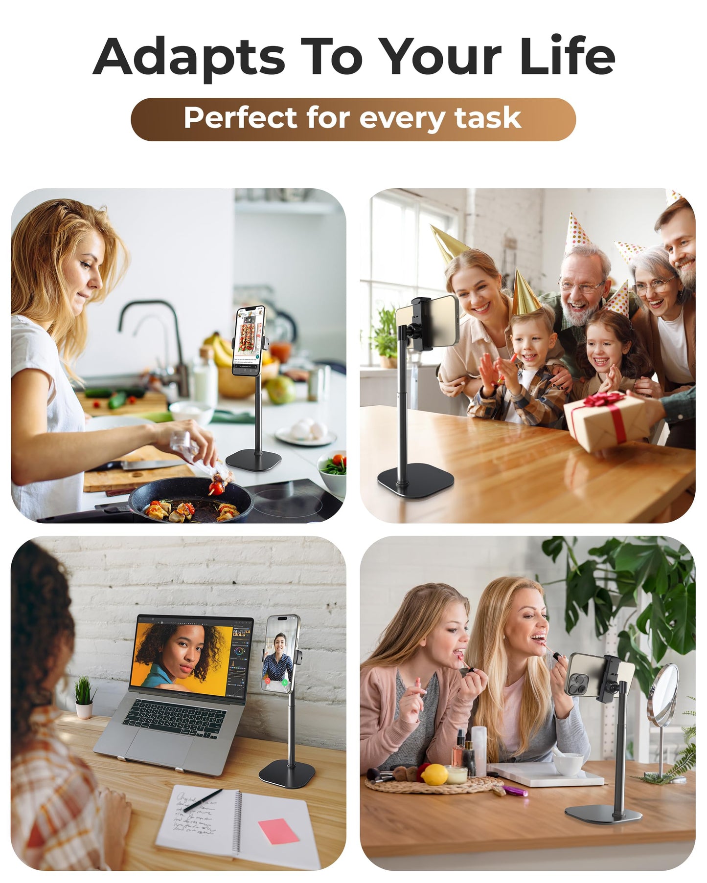 COOPER ChatStand, Adjustable Cell Phone Stand for Desk, Phone Stand for Recording, iPhone Holder for Filming, Small Tripod for iPhone, Fits Samsung, Android Smartphones - Night Black - Medaid International