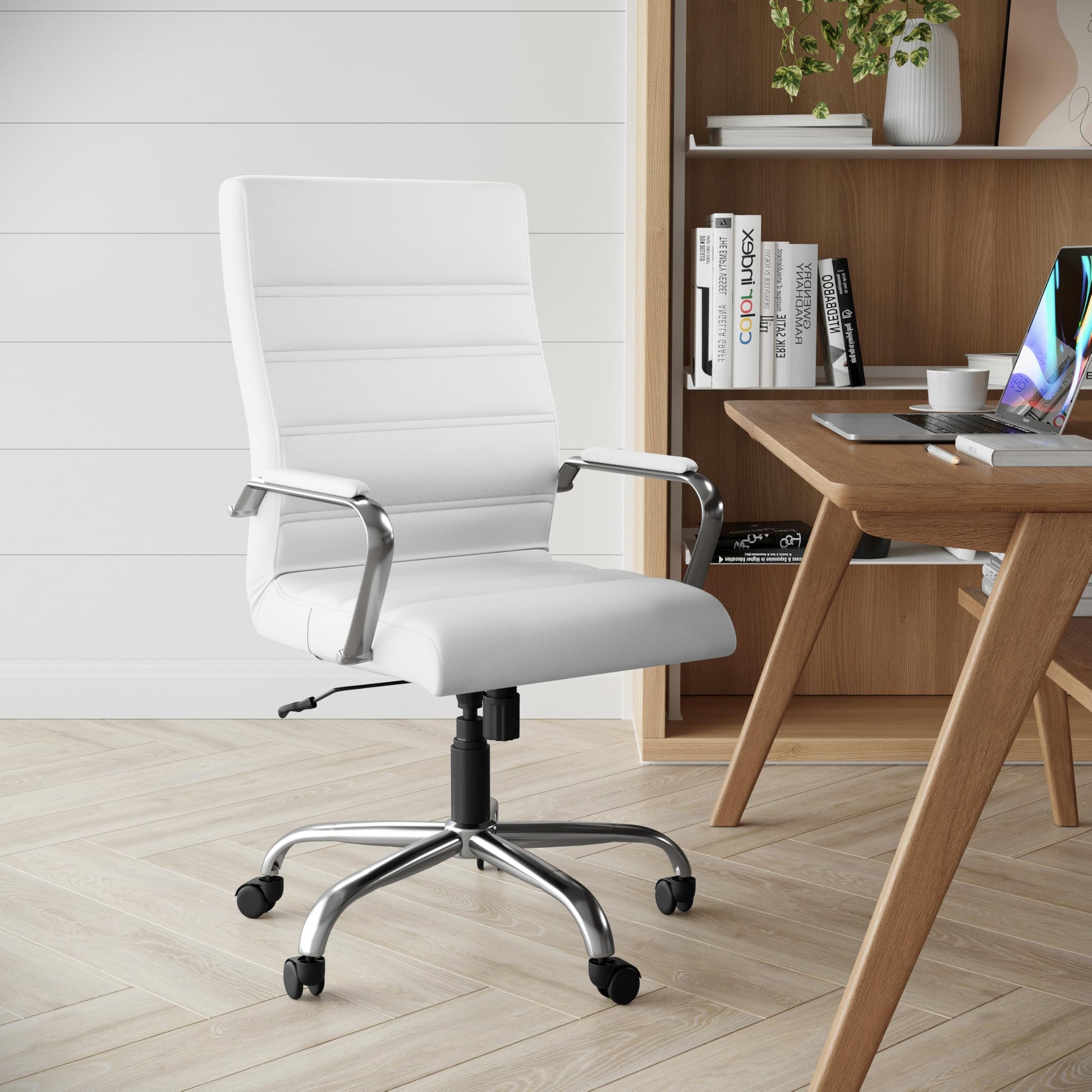 Flash Furniture Whitney High-Back Swivel LeatherSoft Desk Chair with Padded Seat and Armrests, Adjustable Height Padded Office Chair, White/Chrome - Medaid International