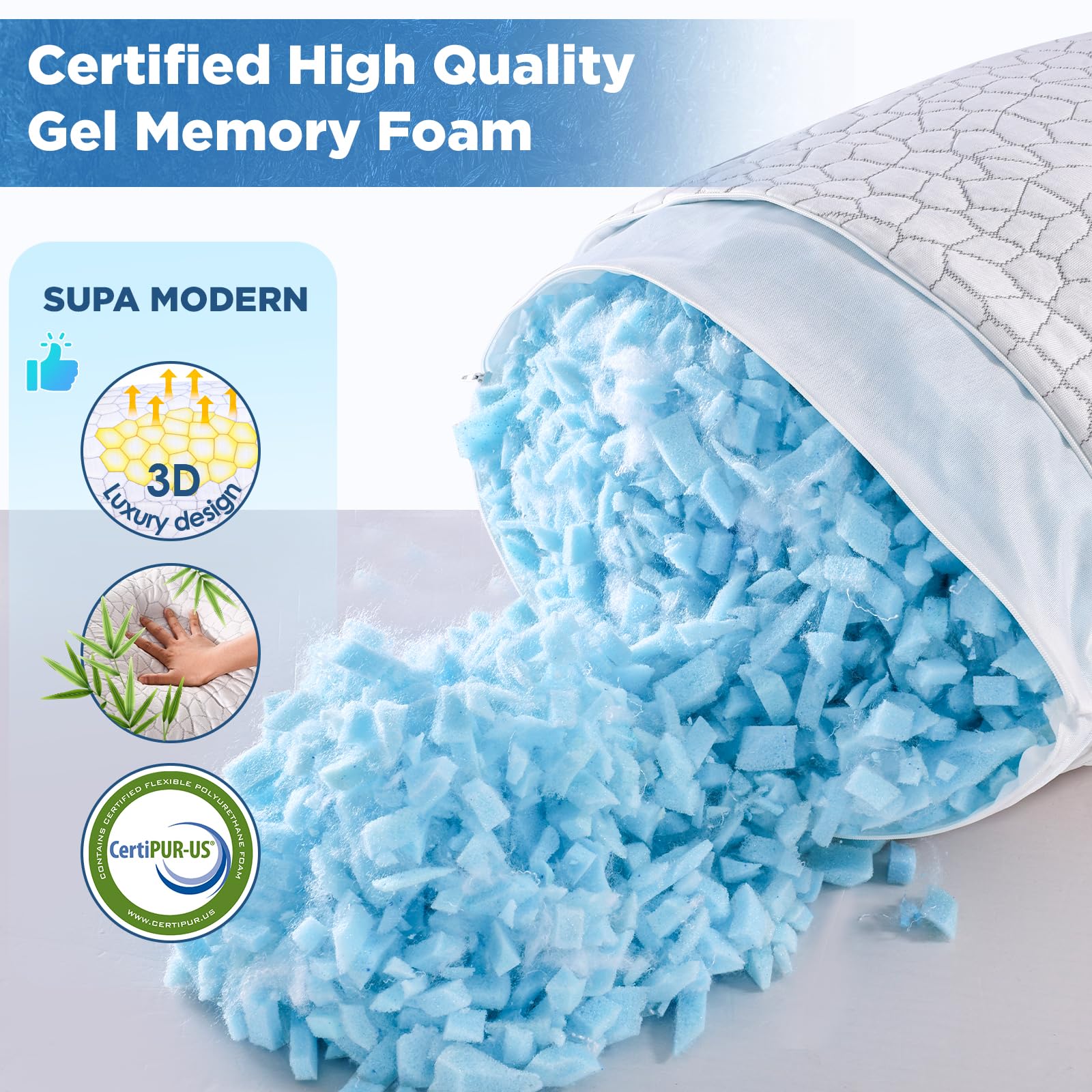 SUPA MODERN Cooling Pillows Queen Size Set of 2, Shredded Memory Foam Pillows for Sleeping 2 Pack, Adjustable Firm Bed Pillow for Side Back Stomach Sleepers, Cool Luxury Gel Pillow for Neck Support - Medaid International
