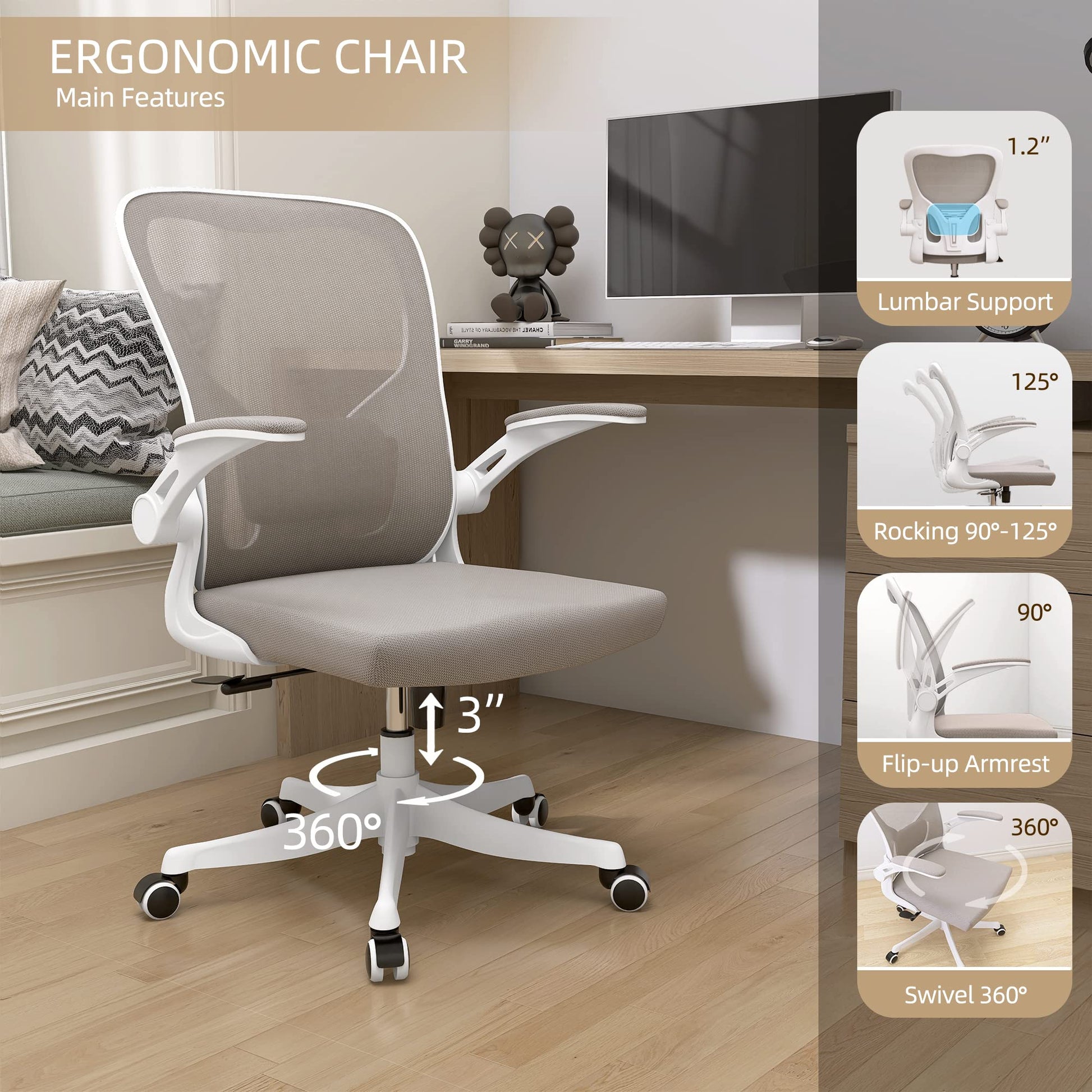 Monhey Office Chair Ergonomic Desk Chair with Lumbar Support&Headrest&Flip-up Arms Height Adjustable Rocking Swivel High Back Computer Chair Warm Taupe Mesh Study Chair (01Khaki) - Medaid International