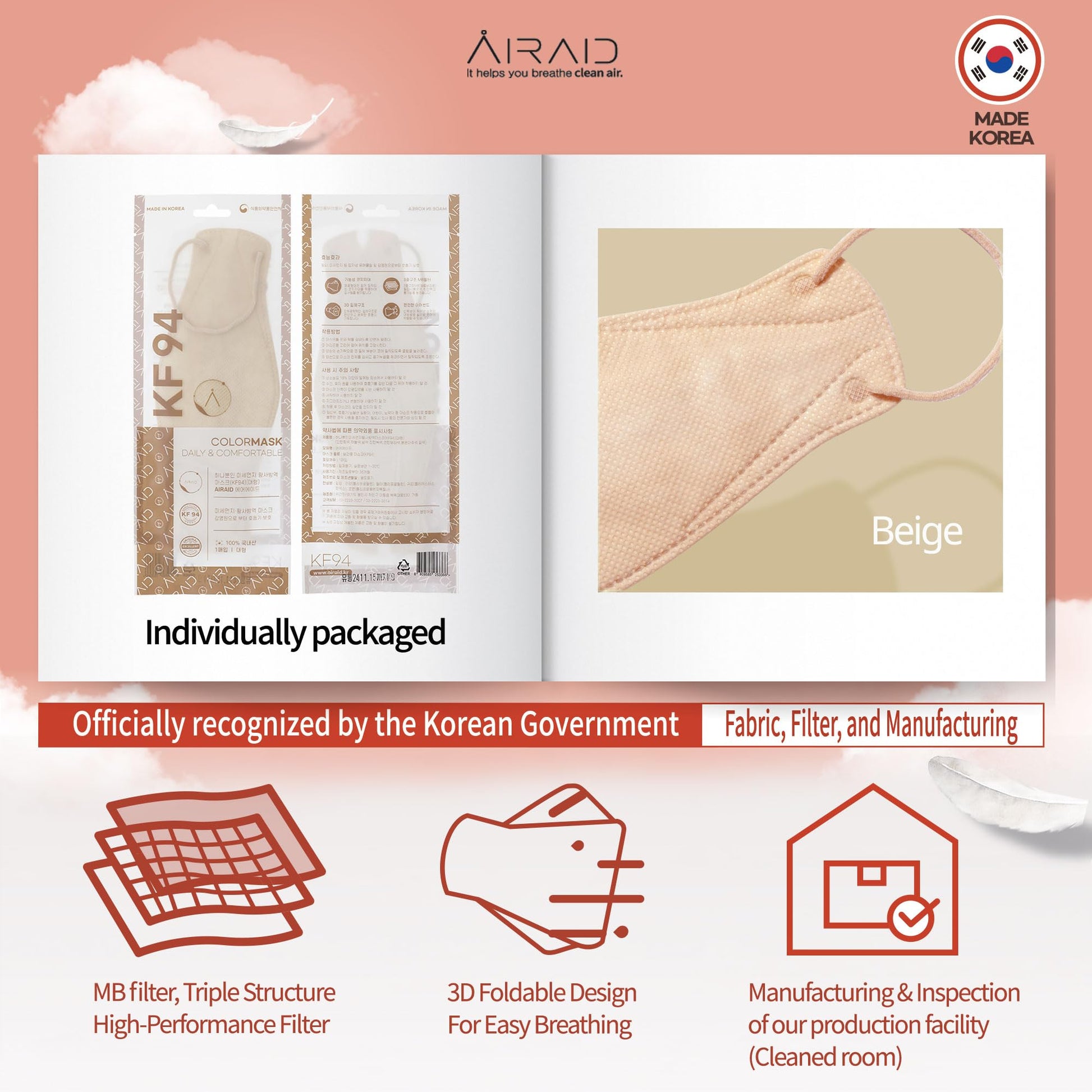 AIRAID-KF94 [Individually Wrapped] - Made in Korea, 3D Multicolor Packs, Face Protective Mask, Adult and Older Teens (Beige-20P) - Medaid International