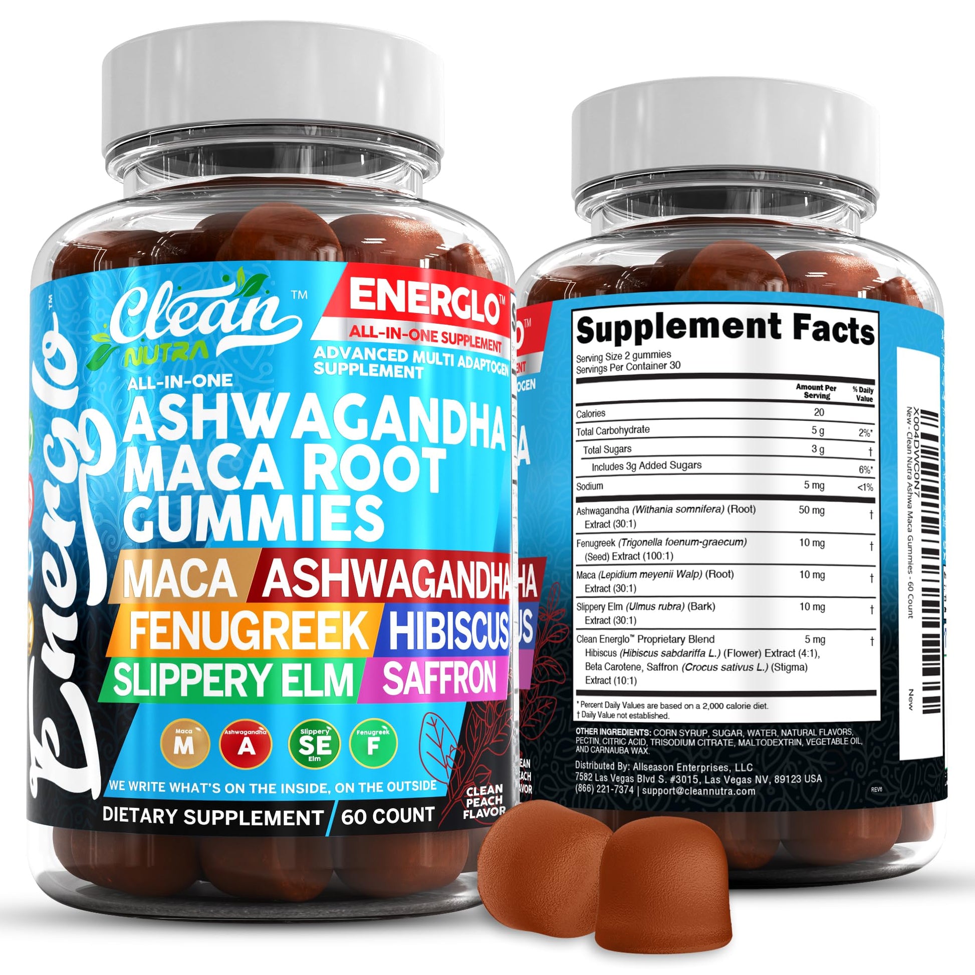 Ashwagandha Maca Root Gummies with Fenugreek Hibiscus Slippery Elm Saffron Extract & Beta Carotene | Peach Flavor Vegan Gummy Vitamins Adaptogen Cortisol Supplement Energlo by Clean Nutra - Medaid International