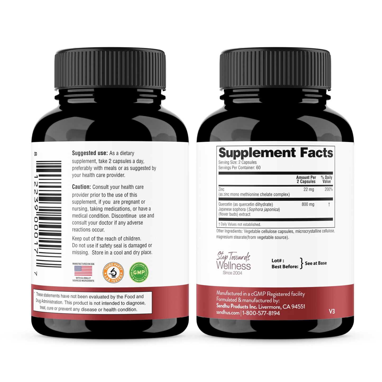 Sandhu's Zinc Quercetin 120 Vegetarian Capsules (Pack of 1) | Zinc Supplements for Antioxidant Immune Support for Men and Women | Gluten, Soy, Dairy Free - Medaid International