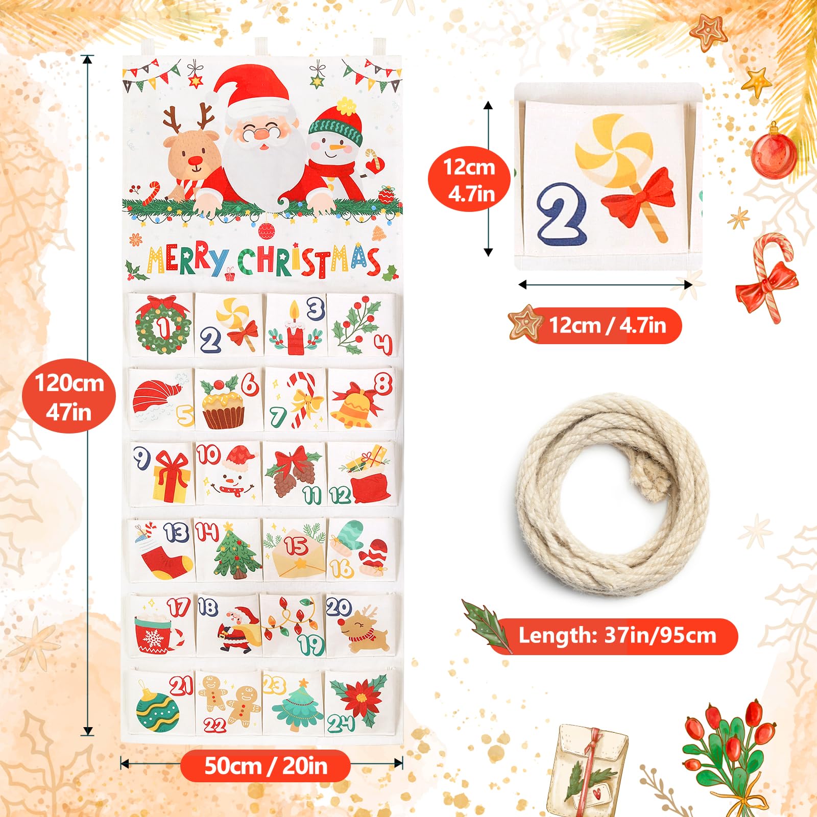 Naler Christmas Hanging Advent Calendar 2025 with 24 Pockets - 20x47 in, Empty Advent Calendar to Fill, Reusable Advent Calendar for Wall Decoration with 24 Pockets for Christmas New Year Party - Medaid International