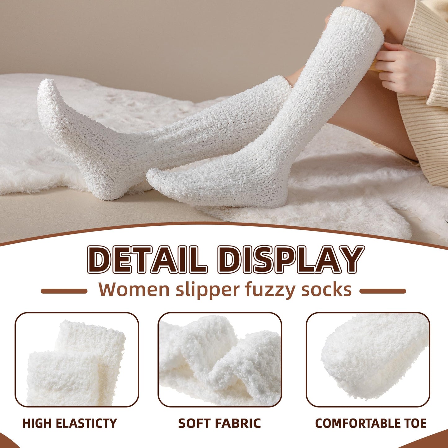 Velice Fuzzy Socks for Women 3 Pairs Knee High Fluffy Soft Warm Stocking Cozy Slipper Plush Winter Long Christmas Socks(Black/White/Grey) - Medaid International