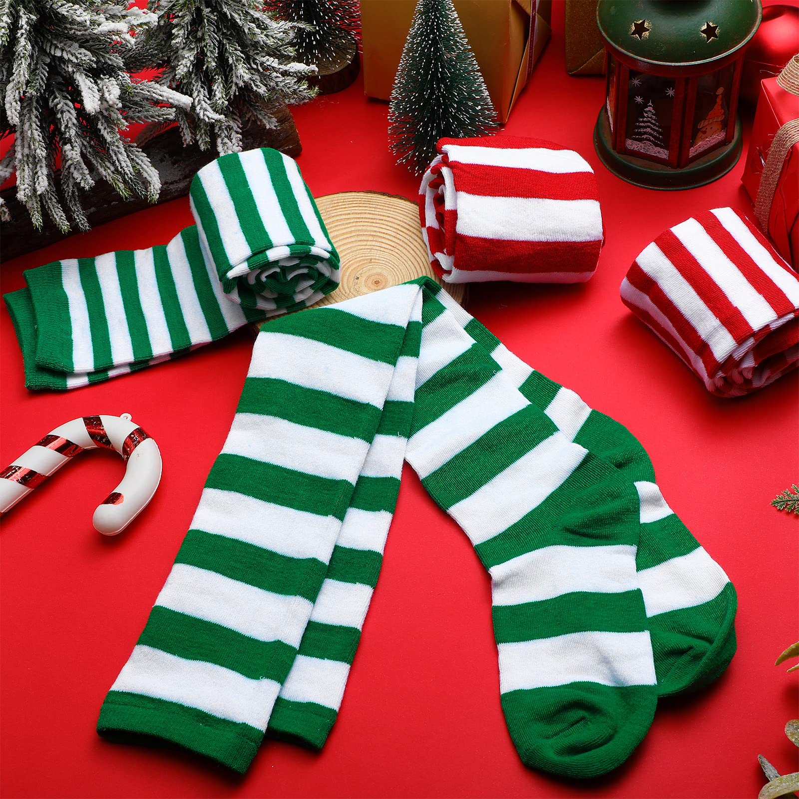 SATINIOR 4 Pairs Christmas Striped Knee Socks Women Over Knee Tight High Stocking Long Socks for Women(Red, Green) - Medaid International