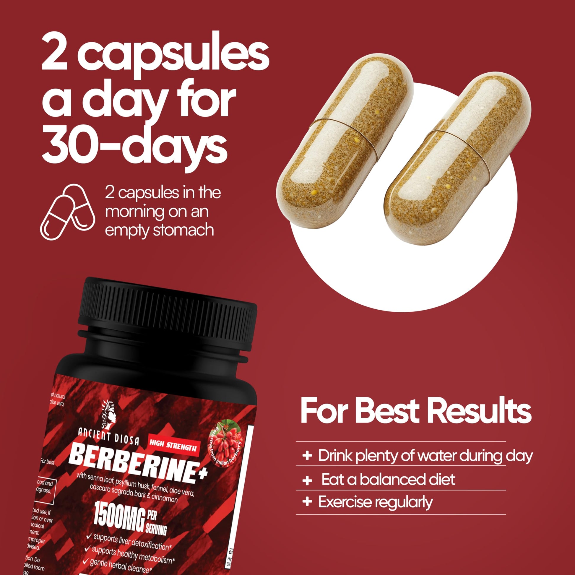 ANCIENT DIOSA Berberine Supplement, 60 Capsules 30-Day Supply - Berberine with Ceylon Cinnamon Bark, Senna Leaf and Psyllium Husk - Supports Liver Detoxification, Gut Health, Digestion and Bloating - Medaid International