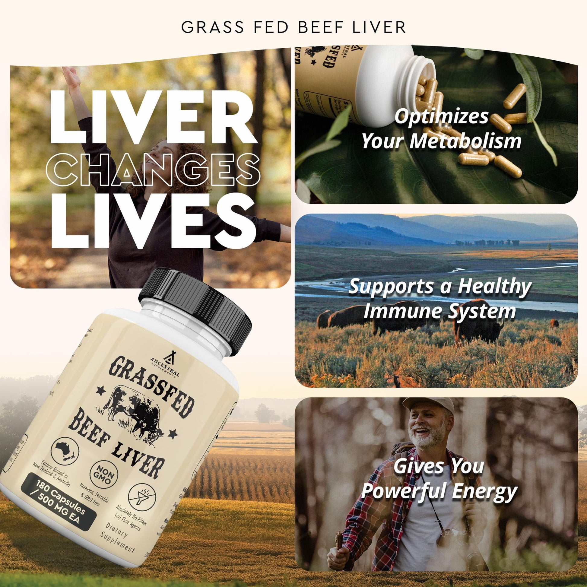 Ancestral Supplements Grass Fed Beef Liver 180 Capsules, Supports Energy Production, Detoxification, Digestion, Immunity and Full Body Wellness, Non-GMO, Freeze Dried Liver Health Supplement - Medaid International