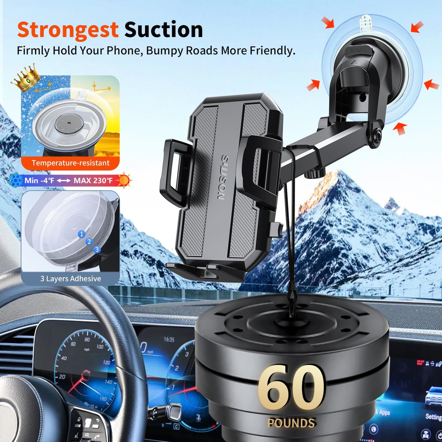 SUUSON Upgraded 3-in-1 Car Phone Holder Mount [Powerful Suction] Phone Mount for Car Dashboard Air Vent Windshield,for All iPhone Android Phone (Black) - Medaid International