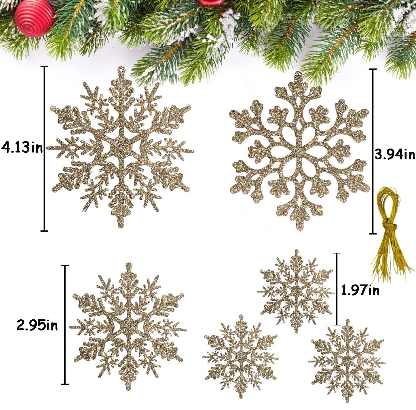 18Pcs Christmas Champagne Golden Snowflake Hanging Ornaments Plastic Glitter Snow Flakes Ornaments for Winter Christmas Tree Decorations Size Varies Craft Snowflakes - Medaid International