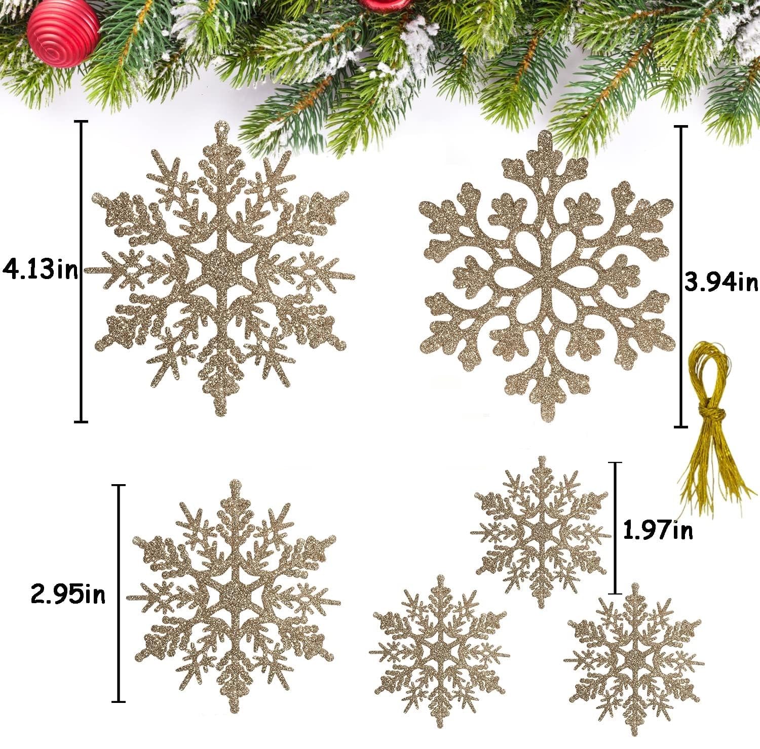 18Pcs Christmas Champagne Golden Snowflake Hanging Ornaments Plastic Glitter Snow Flakes Ornaments for Winter Christmas Tree Decorations Size Varies Craft Snowflakes - Medaid International