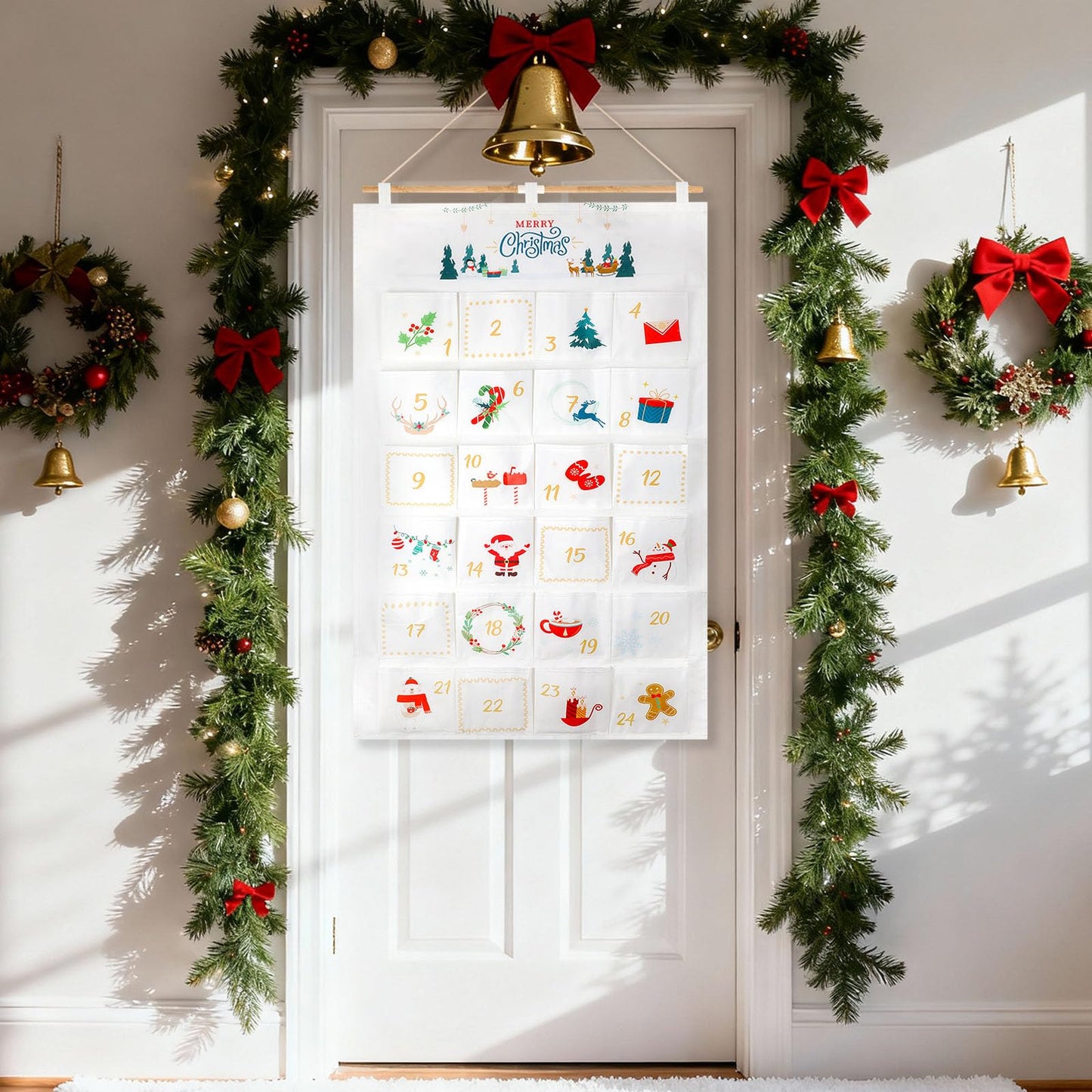 HOWAF 2025 Christmas Advent Calendar (Countdown to Christmas), 24 Days Mystery Christmas Countdown Calendar with 24 Pockets for Xmas Holiday Home Wall Decoration, White Gold Xmas Calendars - Medaid International