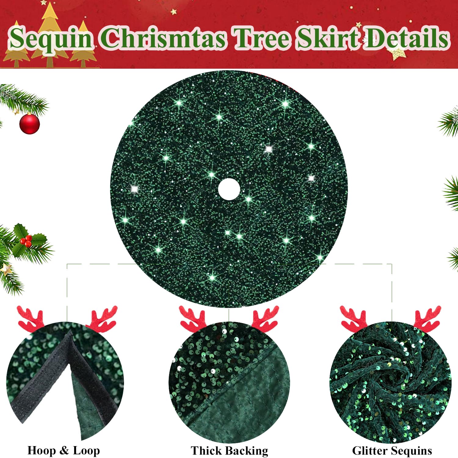 MODFUNS Dark Green Christmas Tree Skirt Sequin Merry Christmas Tree Skirt 36 Inch with Santa Decorations for Tree Velvet Tree Skirt for Kids Xmas Tree Skirt Rustic Tree Mat Green Tree Cover Skirt - Medaid International