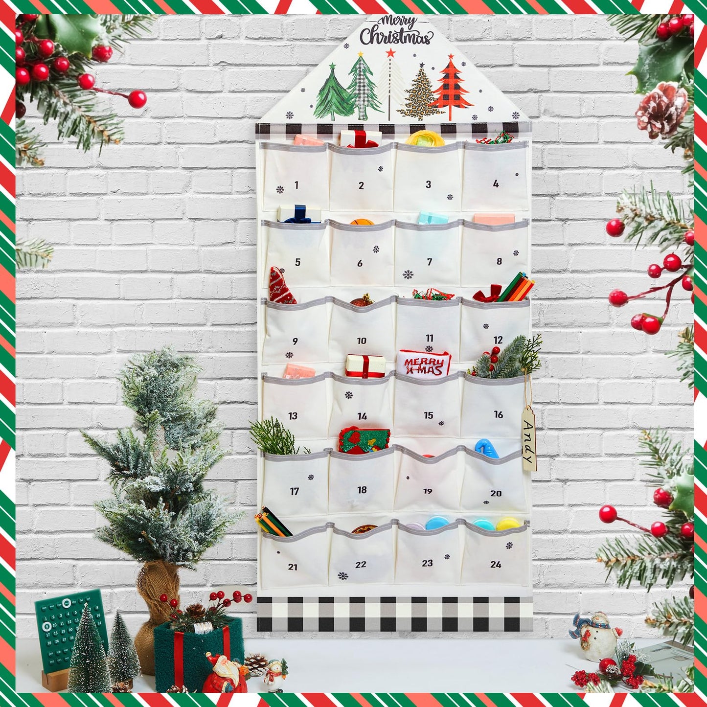 SATINIOR Christmas Fabric Advent Calendar with 24 Pockets Reusable Empty Advent Calendar Wall Hanging Bag Countdown Cloth for Xmas Holiday Wall Decoration - Medaid International