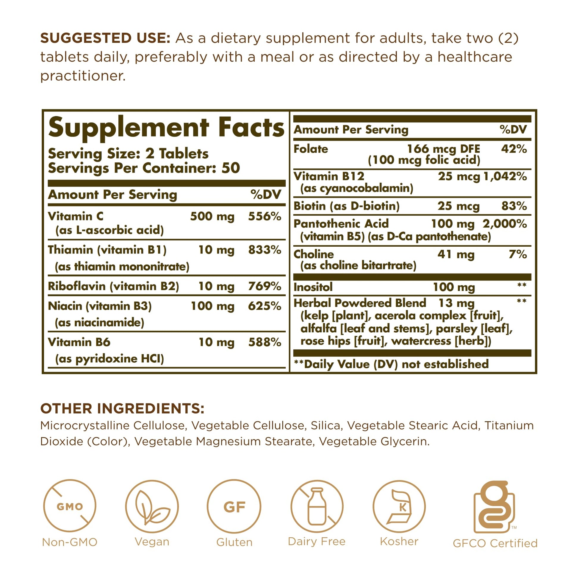 Solgar B-Complex with Vitamin C - 100 Tablets - Non-GMO, Vegan, Kosher & Gluten Free - 50 Servings - Medaid International