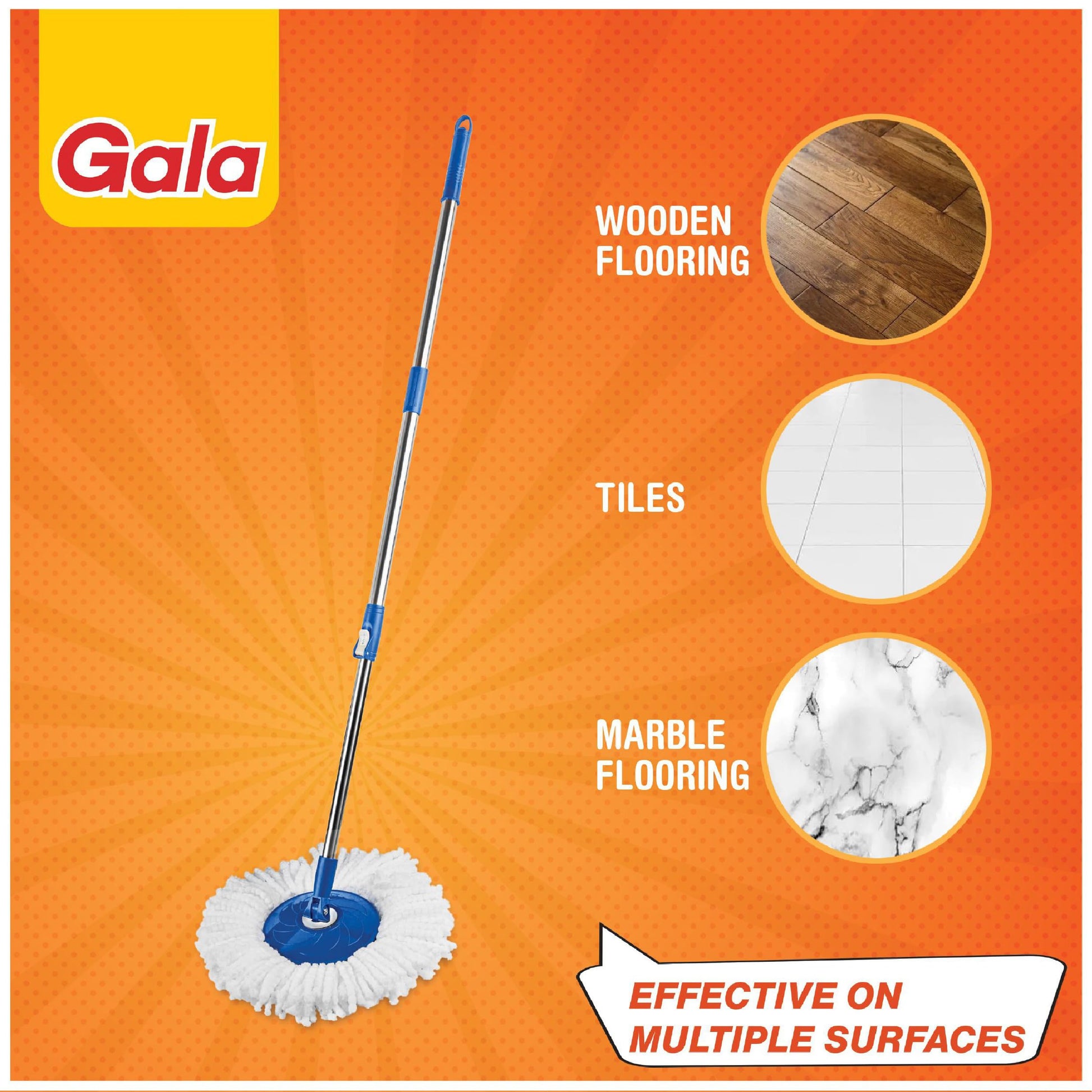 Gala Spin Mop Extendable Handle/Stick Rod with Microfiber Refill (150750), White & Blue Finish - Medaid International