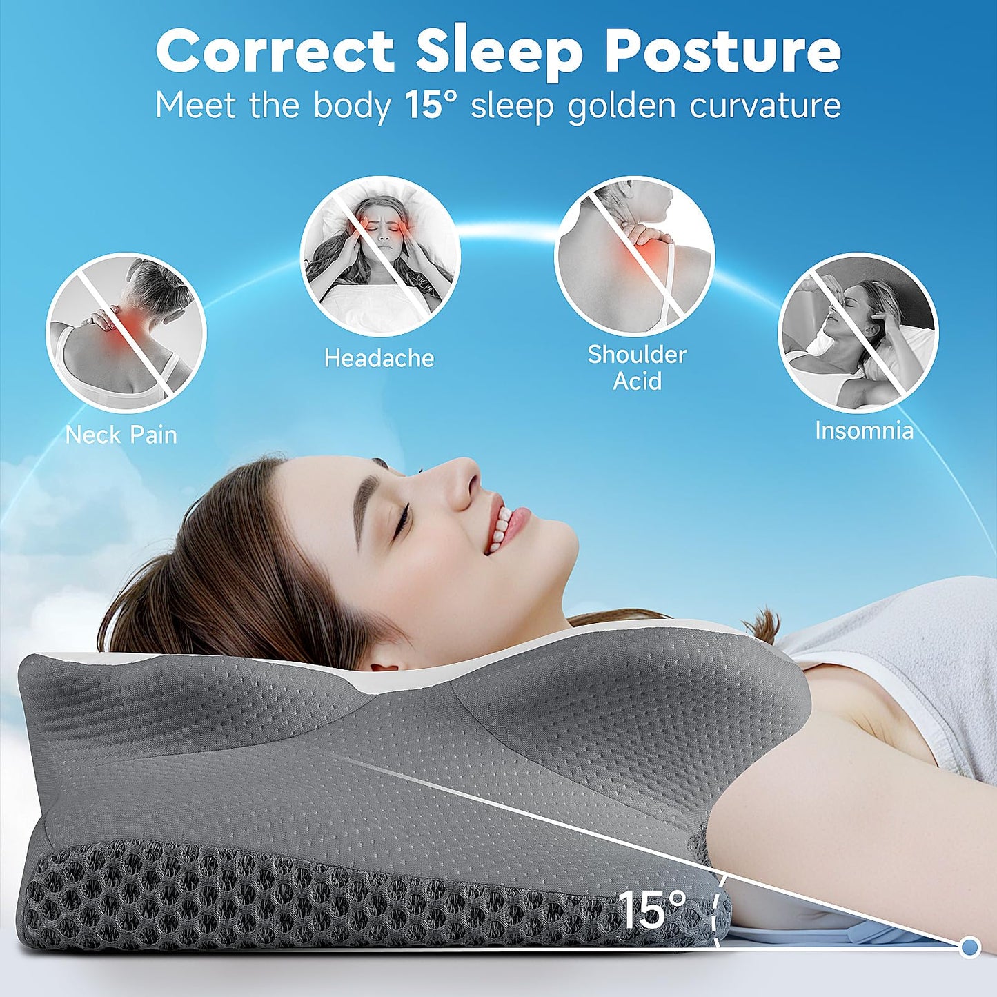 CushZone Cervical Neck Pillow, Memory Foam Neck Support Pillows for Sleeping, Shoulder Pillow for Side Sleepers, Back Stomach Sleepers, CertiPUR-US Certified, Queen Size, Grey - Medaid International