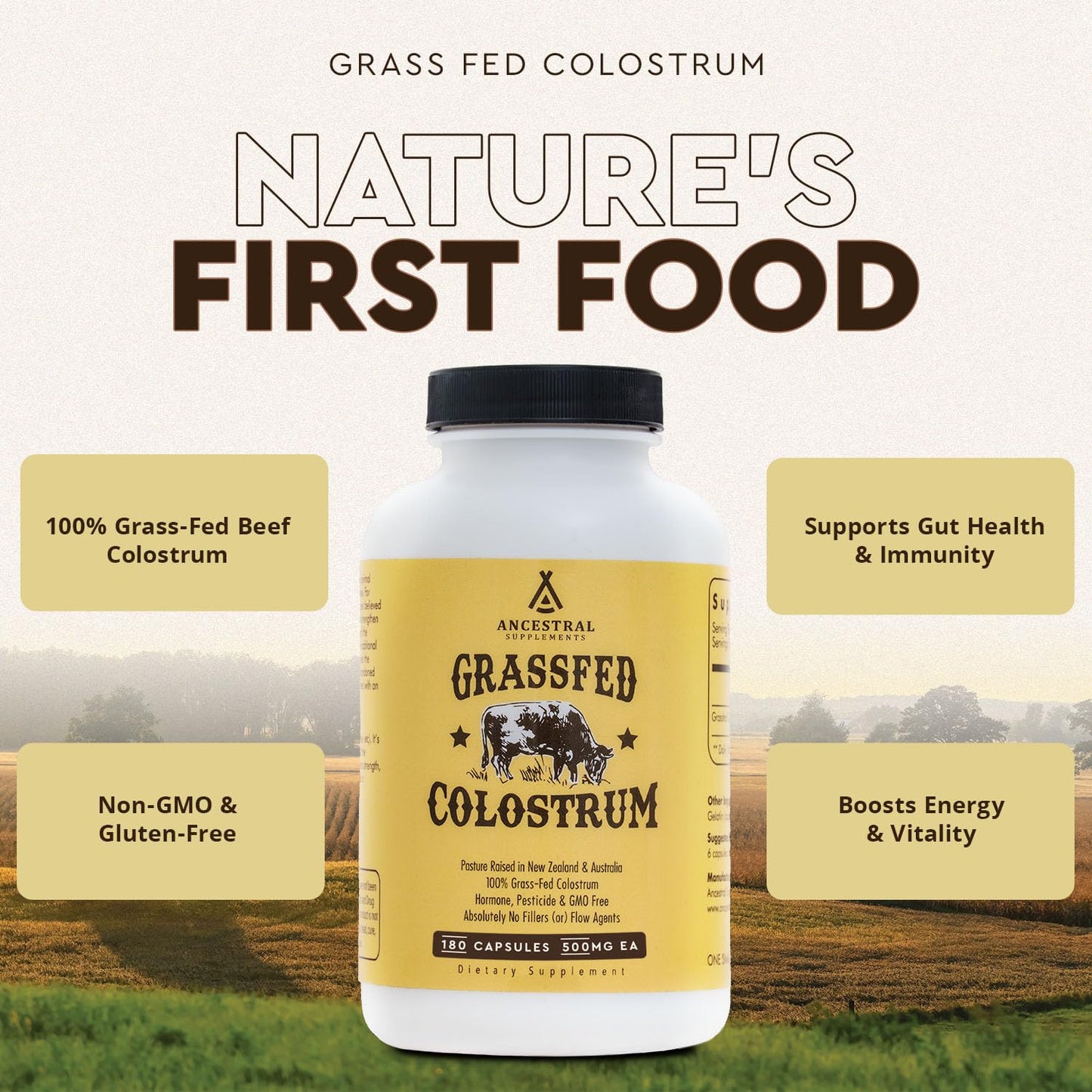 Ancestral Supplements Grass Fed Beef Colostrum Supplement, 3000 mg, Offers Immune Support and Promotes Gut Health, Athletic Performance, Healthy Iron Levels, Growth and Repair, Non GMO, 180 Capsules - Medaid International