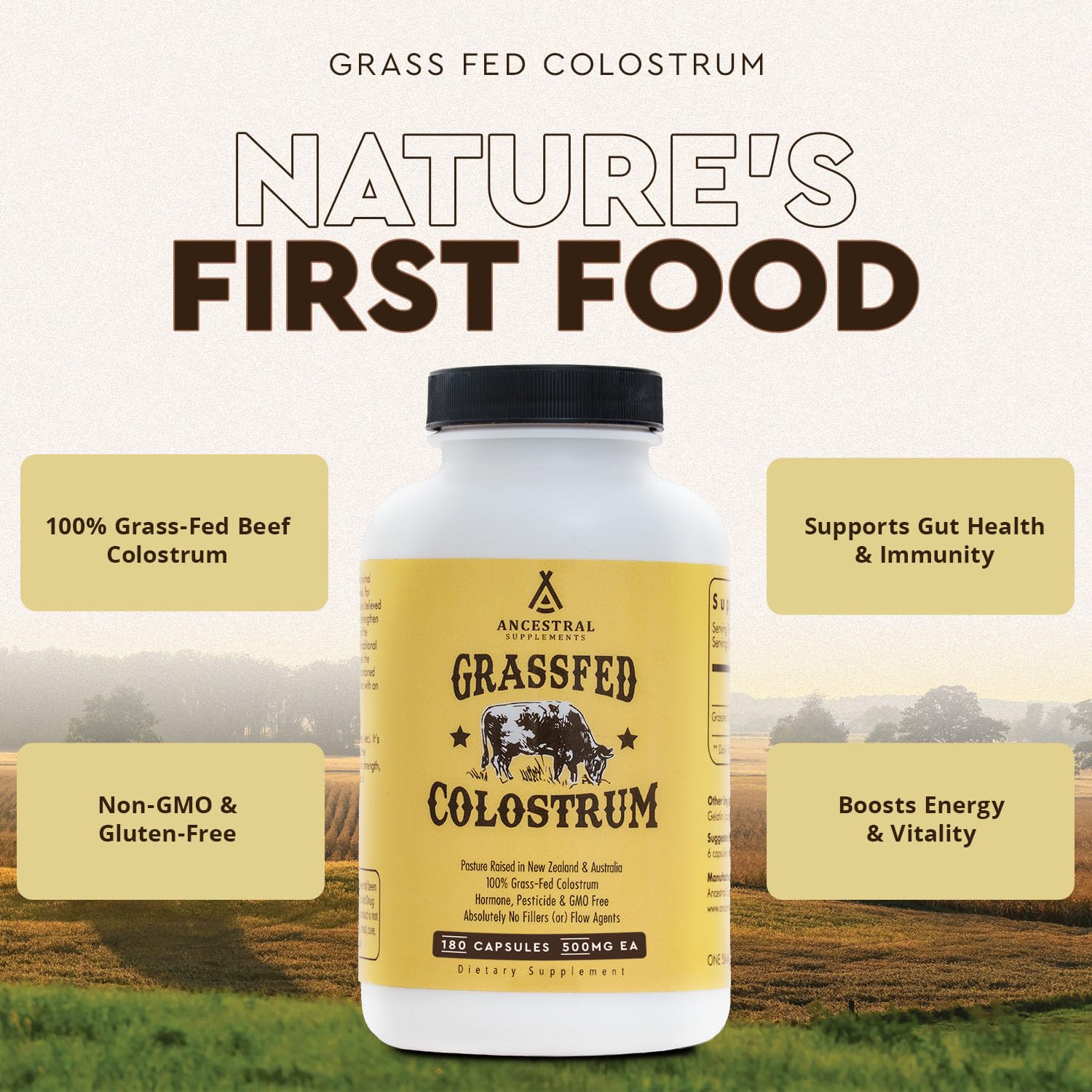 Ancestral Supplements Grass Fed Beef Colostrum Supplement, 3000 mg, Offers Immune Support and Promotes Gut Health, Athletic Performance, Healthy Iron Levels, Growth and Repair, Non GMO, 180 Capsules - Medaid International