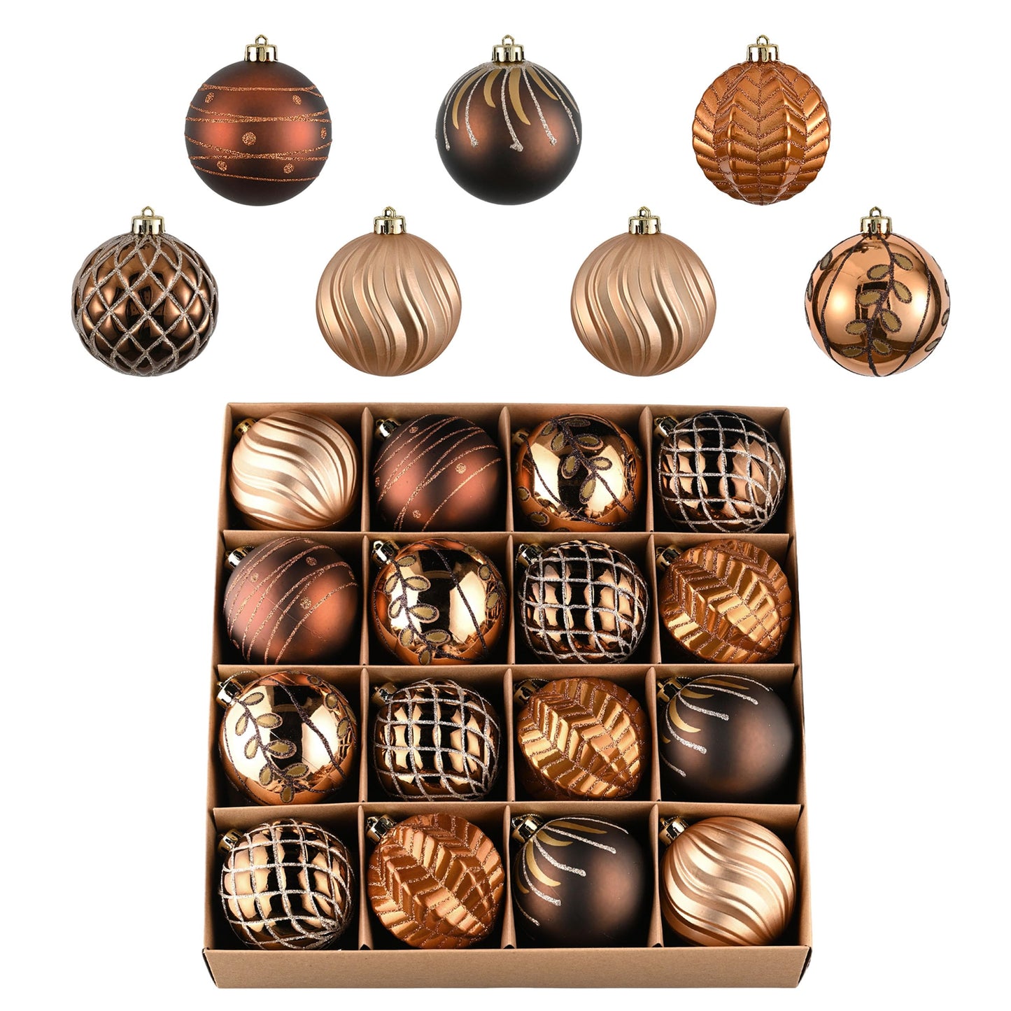 Valery Madelyn Christmas Ornaments Set, 16ct Bronze Copper and Gold Shatterproof Christmas Tree Decorations Ball Ornaments Bulk, 3.15 Inches Elegant Hanging Ornaments for Xmas Trees Decor - Medaid International
