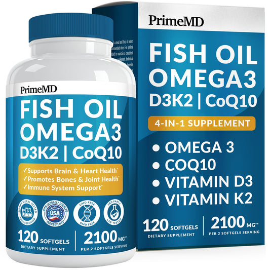 4-in-1 Fish Oil Omega 3 Fatty Supplements (2100mg) - Omega 3 Fish Oil with Vitamins D3 K2 and CoQ10 - Lemon Flavored (120 softgels) - Medaid International