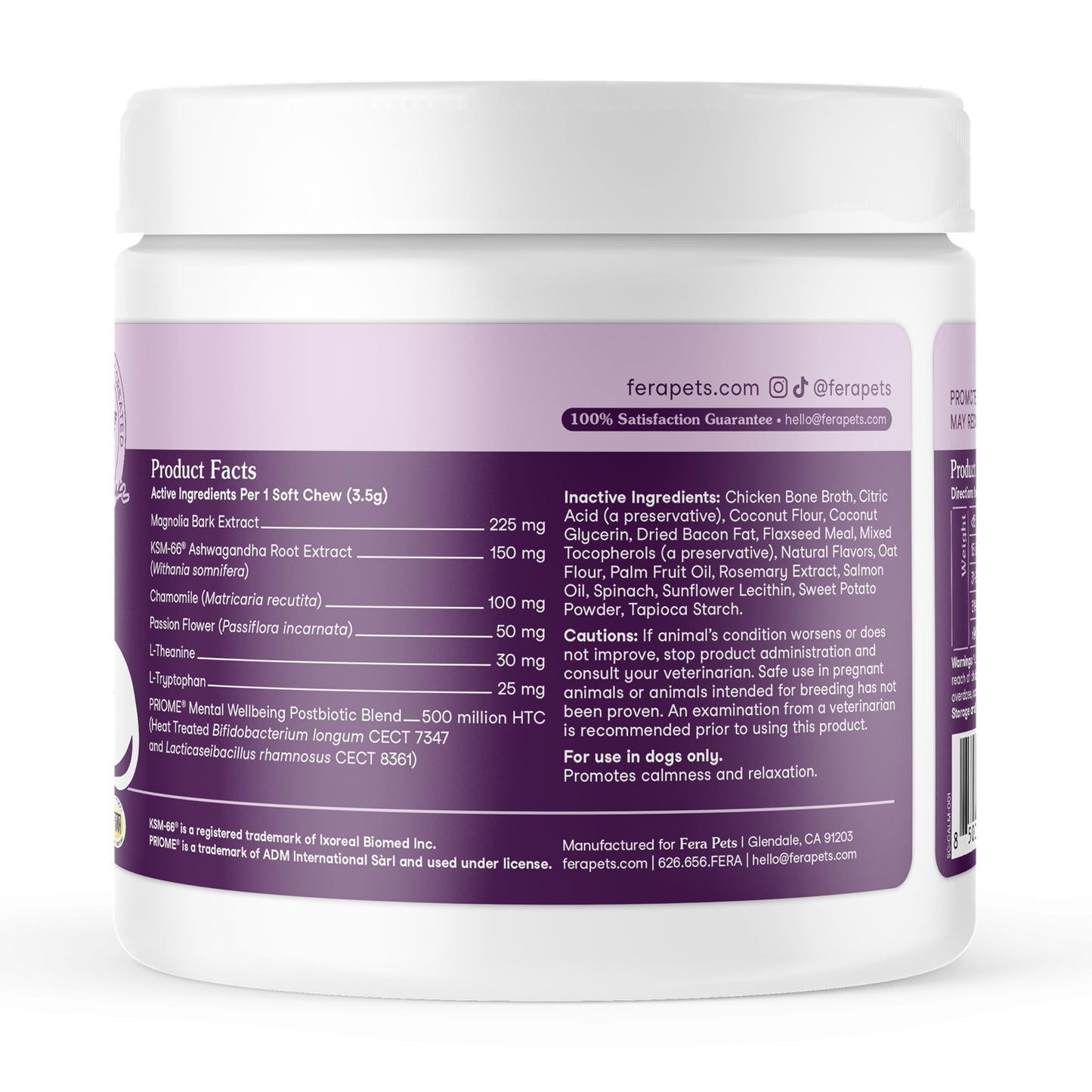 Fera Pets Dog Calming Chews - Anxiety Relief Support - Promotes Relaxation - Ashwagandha & Priome® Mental Wellbeing Postbiotic Blend - 90 Soft Chews