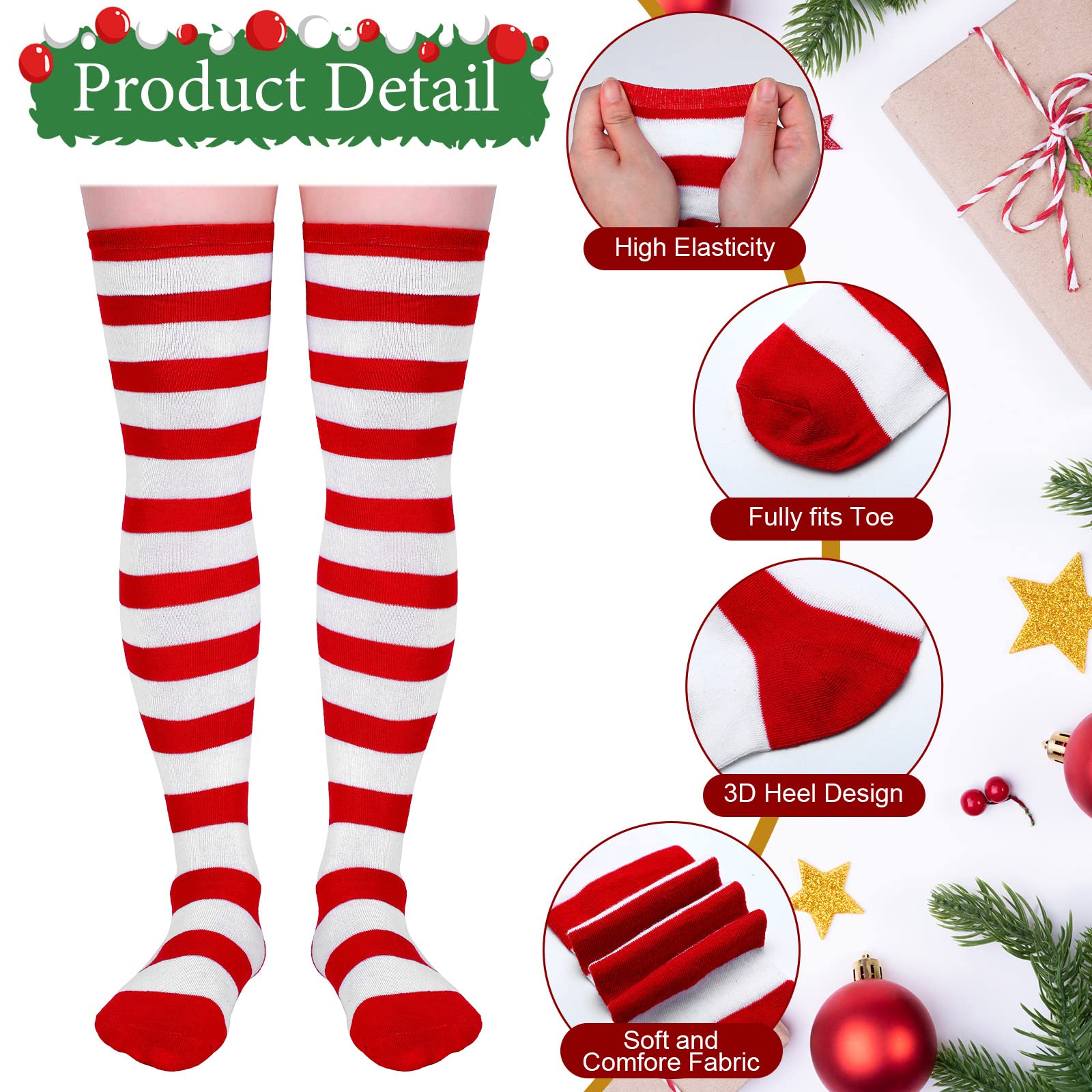 SATINIOR 4 Pairs Christmas Striped Knee Socks Women Over Knee Tight High Stocking Long Socks for Women(Red, Green) - Medaid International