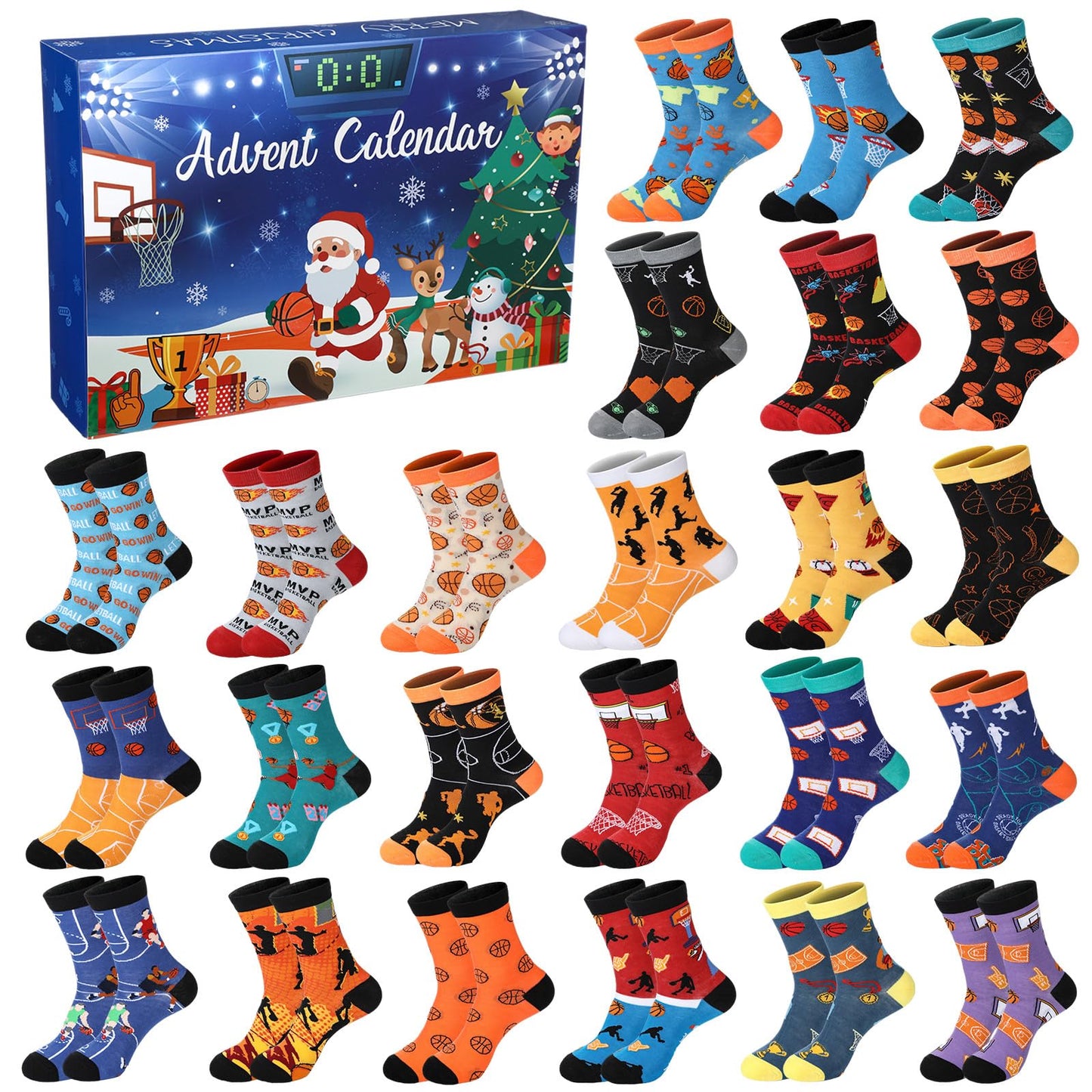JenPen 24 Pairs 2025 Christmas Socks Advent Calendar for Men Women 24 Days Countdown Calendar Gifts Funny Basketball Gifts 2025 Festive Holiday Christmas Cotton Socks - Medaid International