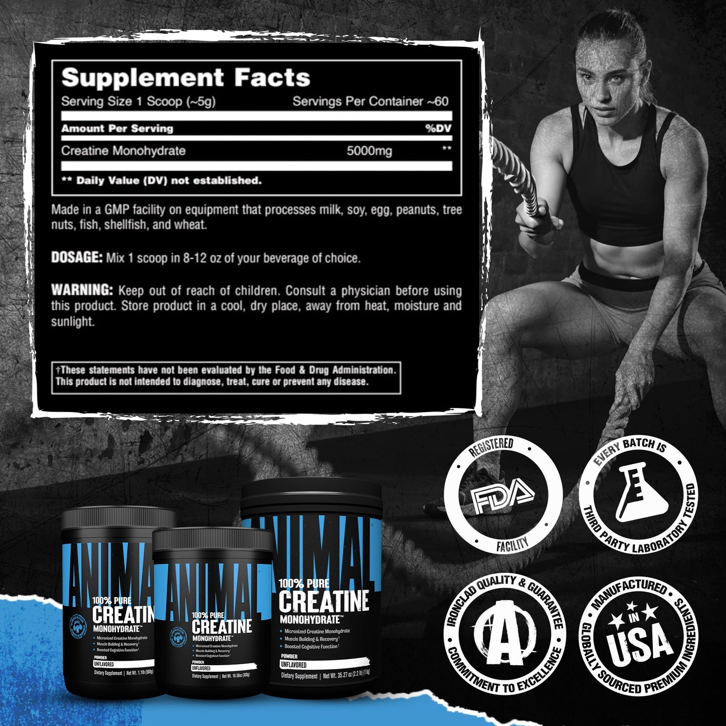 Animal Creatine Monohydrate Powder – Micronized Creatine for Women and Men, Supports Muscle Growth, Strength, Endurance, Recovery and ATP Production, Gym & Workout Supplements - Unflavored, 300g - Medaid International