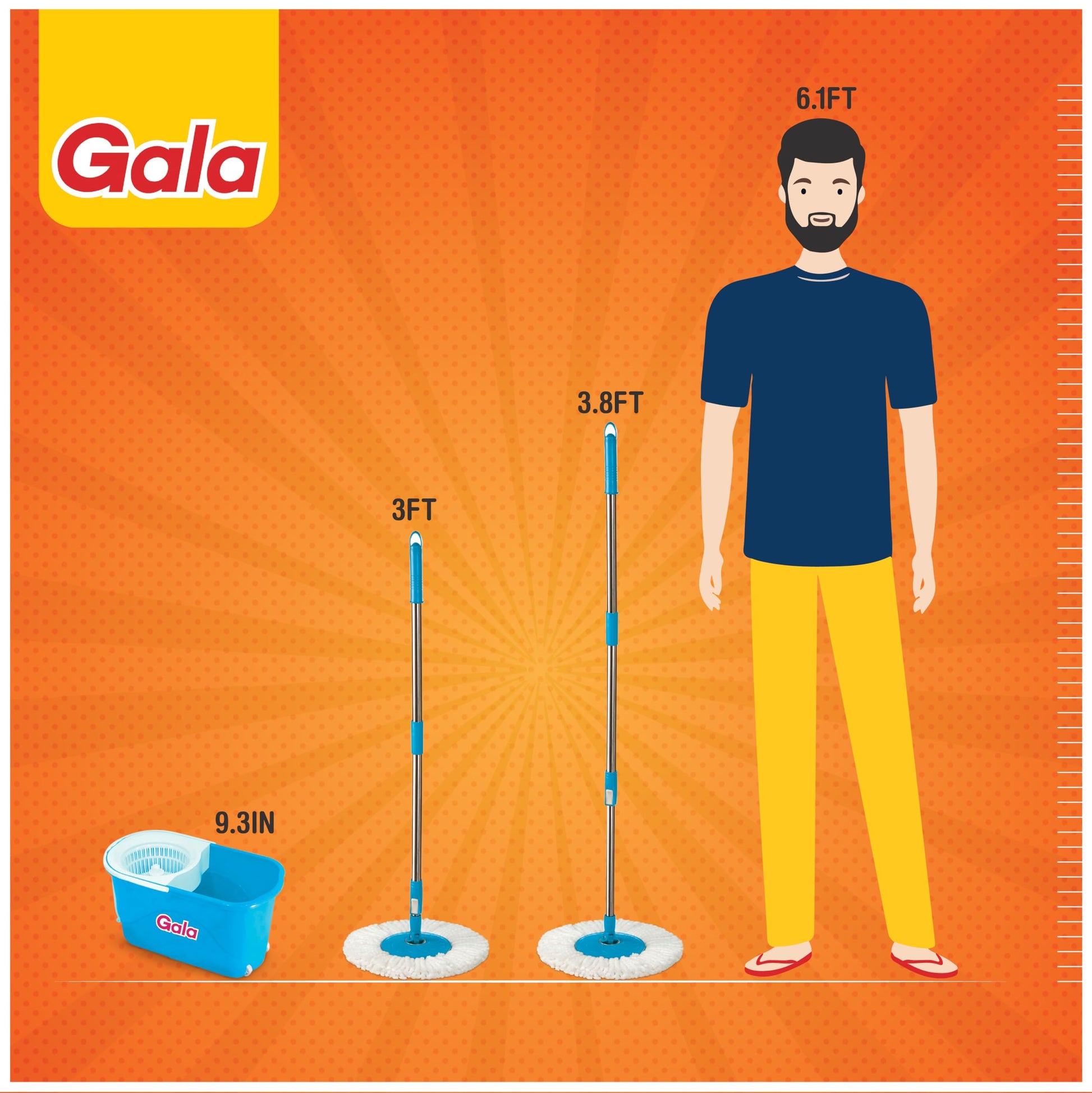 Gala e-Quick Spin Floor Cleaning Mop Set with 2 Microfiber Refills, Easy Wheels, Big Bucket & Wringer for Home, Household Cleaner Accessories (White & Blue) - Medaid International