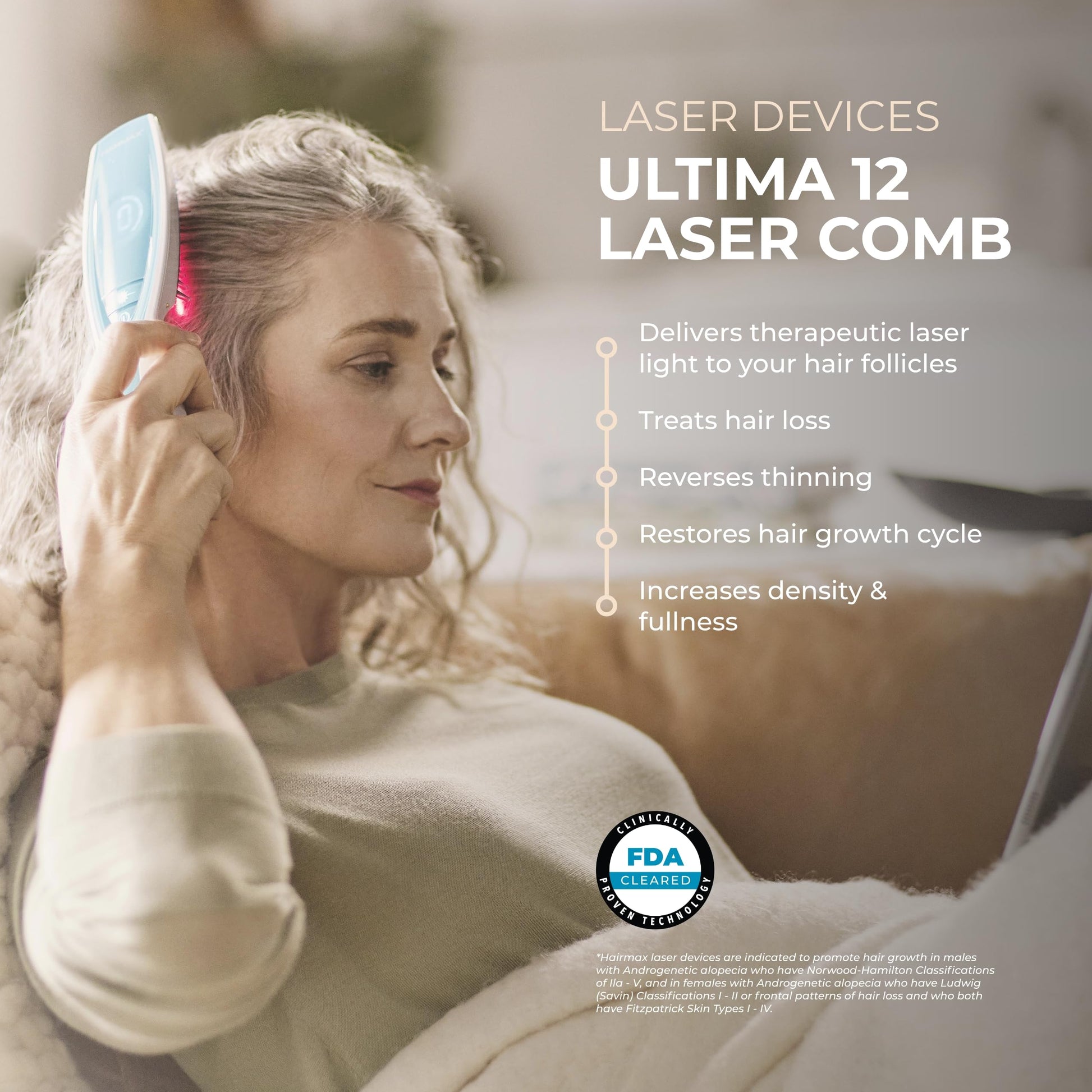 Hairmax Ultima 12 LaserComb - (FDA Cleared) Laser Hair Regrowth Treatment Device for Men & Women - Reverses Thinning Hair Loss - Red Light Therapy to Stimulate Hair Growth - Cordless Design - Medaid International