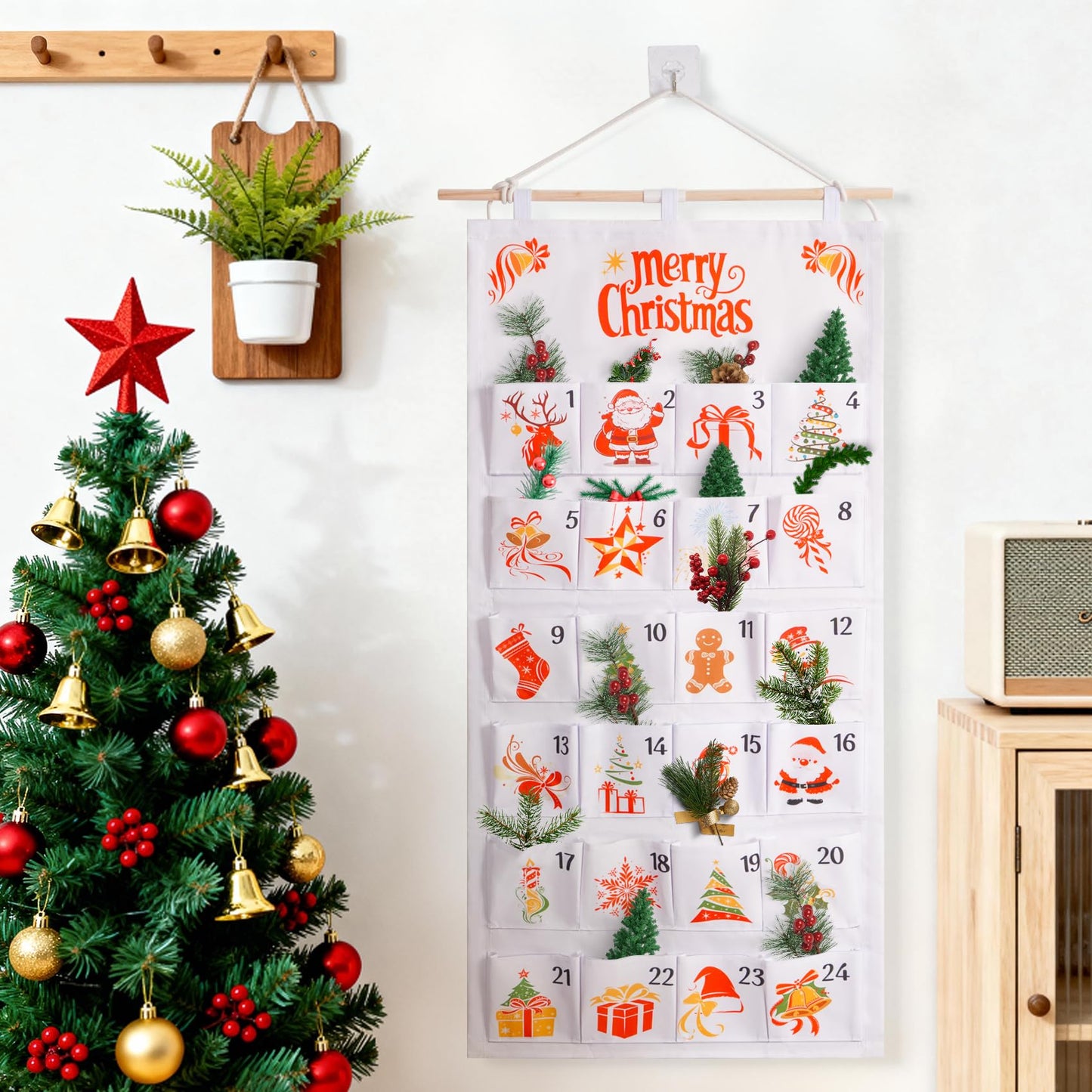 SAVORLIVING Christmas Advent Calendar with 24 Pockets, Reusable Countdown Calendar Storage Bag, Fabric Calendar Wall Hanging Bag for Xmas Holiday Home Wall Decoration - Medaid International
