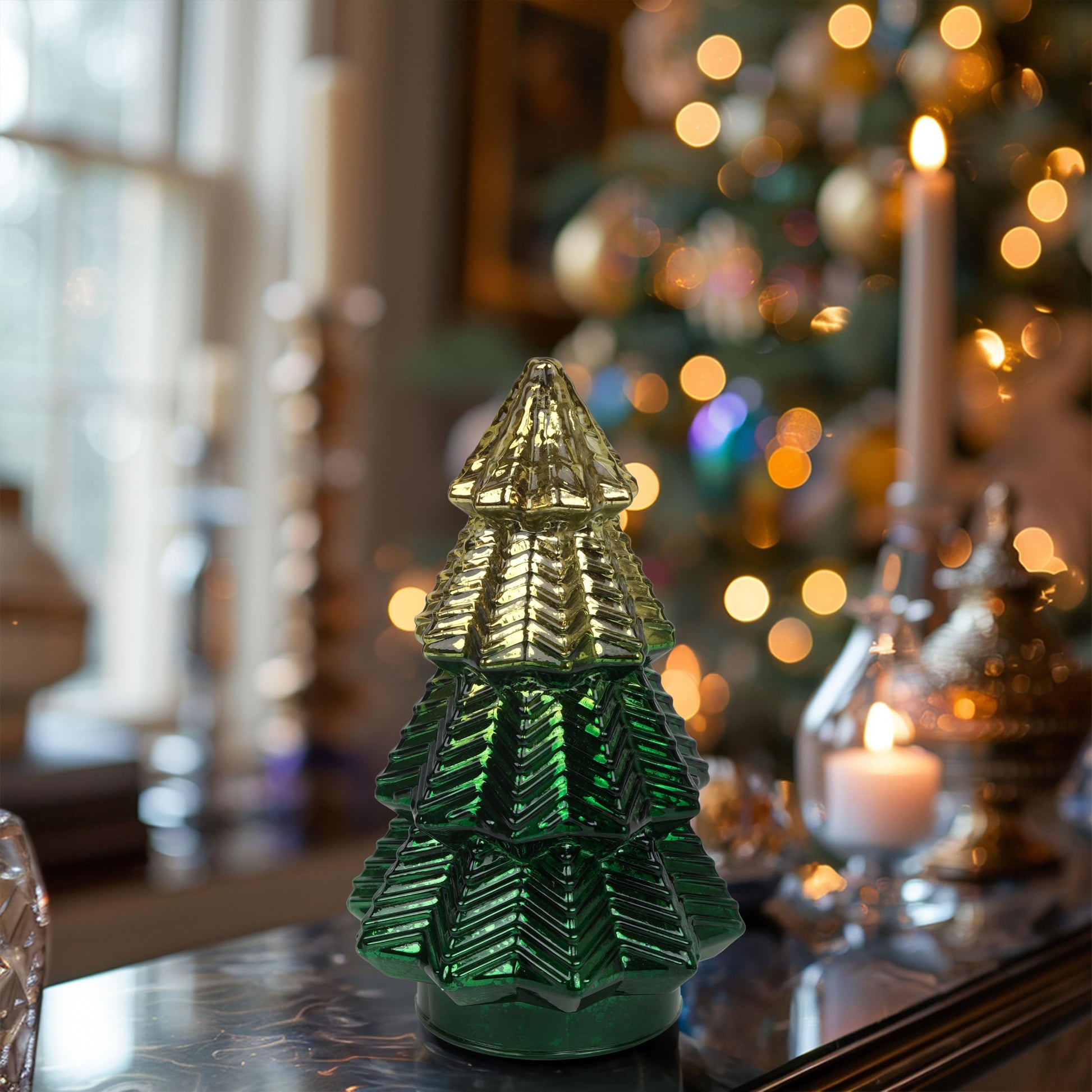 Green Mercury Glass Christmas Tree for Home Decor, Christmas Table Decorations Lighted Xmas Tree with Timer for Living Room Mantel Tabletop Party-8" H - Medaid International