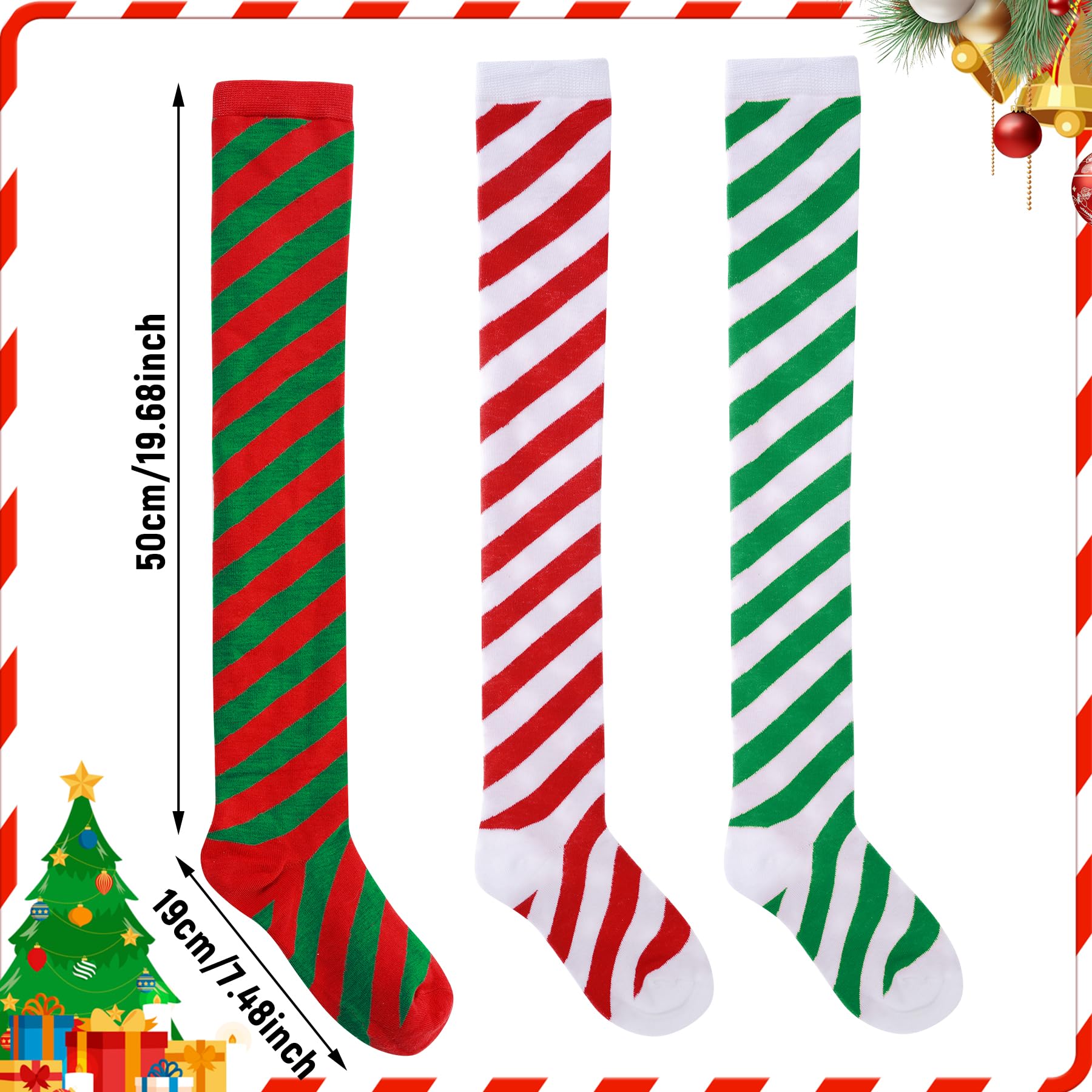 Dxhycc 3 Pairs Christmas Striped Knee High Socks Over Knee Thigh High Stocking Long Xmas Socks for Women - Medaid International