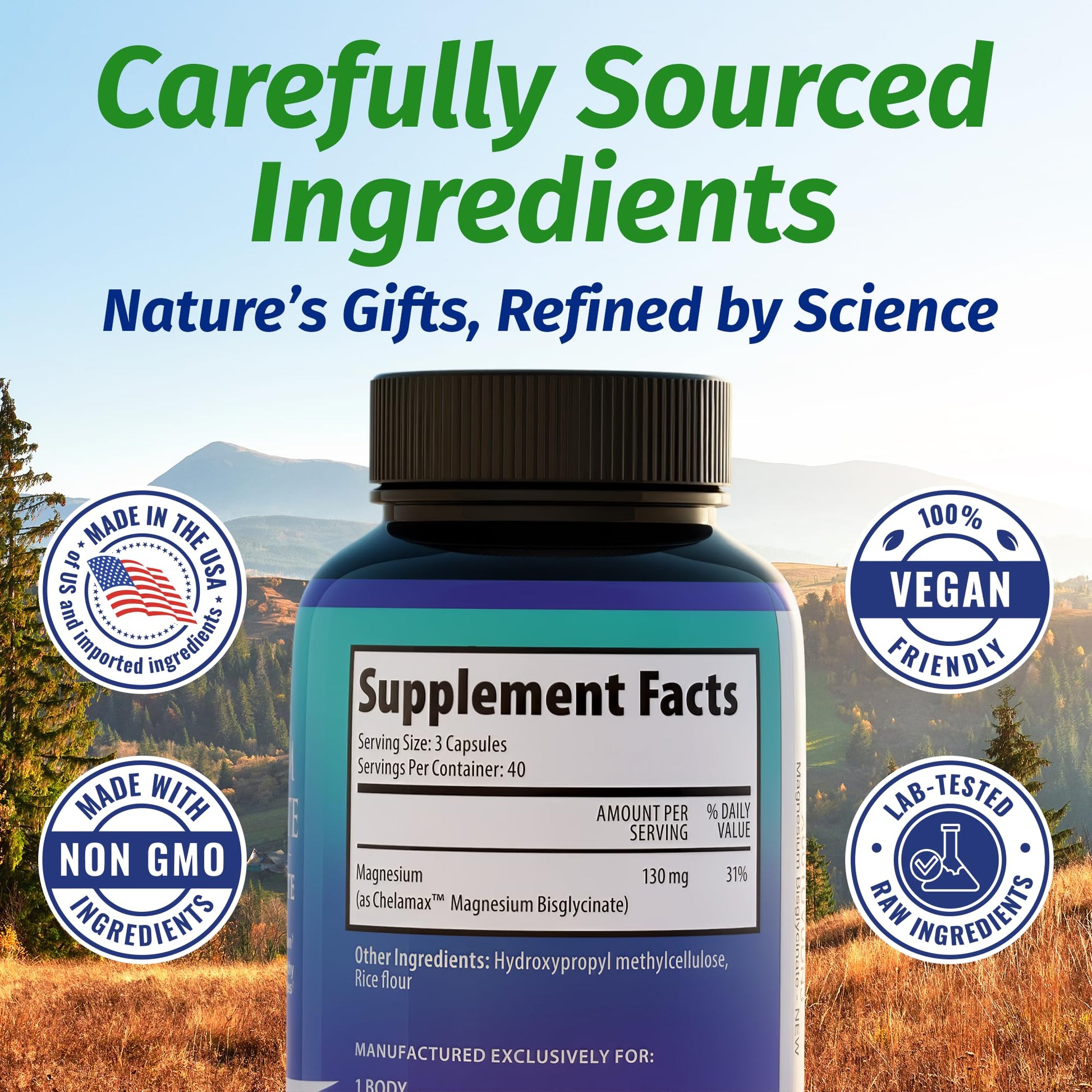 1 Body Magnesium Bisglycinate Supplement, 44 mg Pure Chelated Formula, 120 Capsules, Maximum Absorption, Muscle Cramp Relief - Medaid International