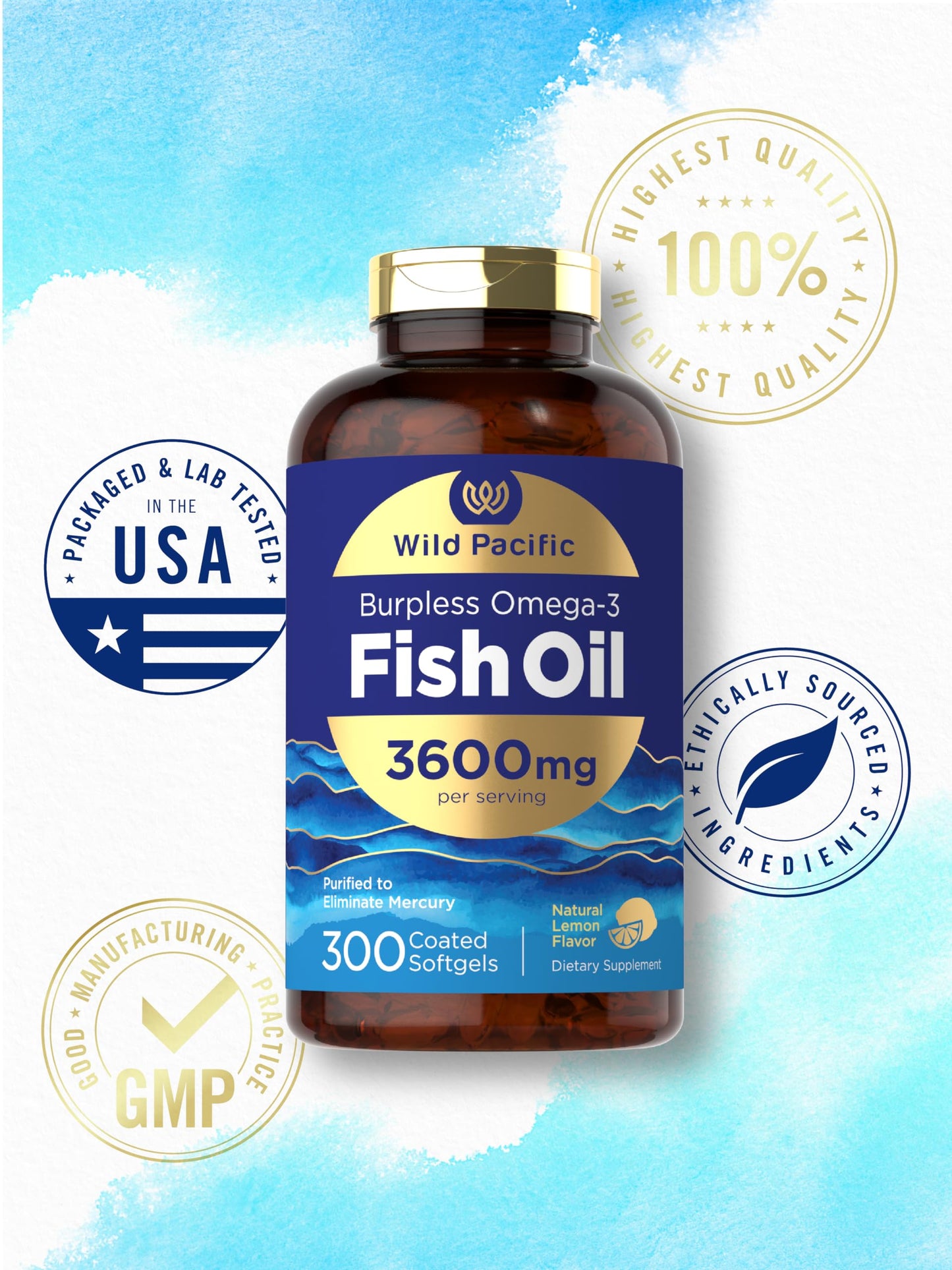 Carlyle Burpless Fish Oil 3600 mg | 300 Softgels | with Omega-3 Fatty Acids | Lemon Flavor | Non-GMO, Gluten Free Supplement | by Wild Pacific - Medaid International