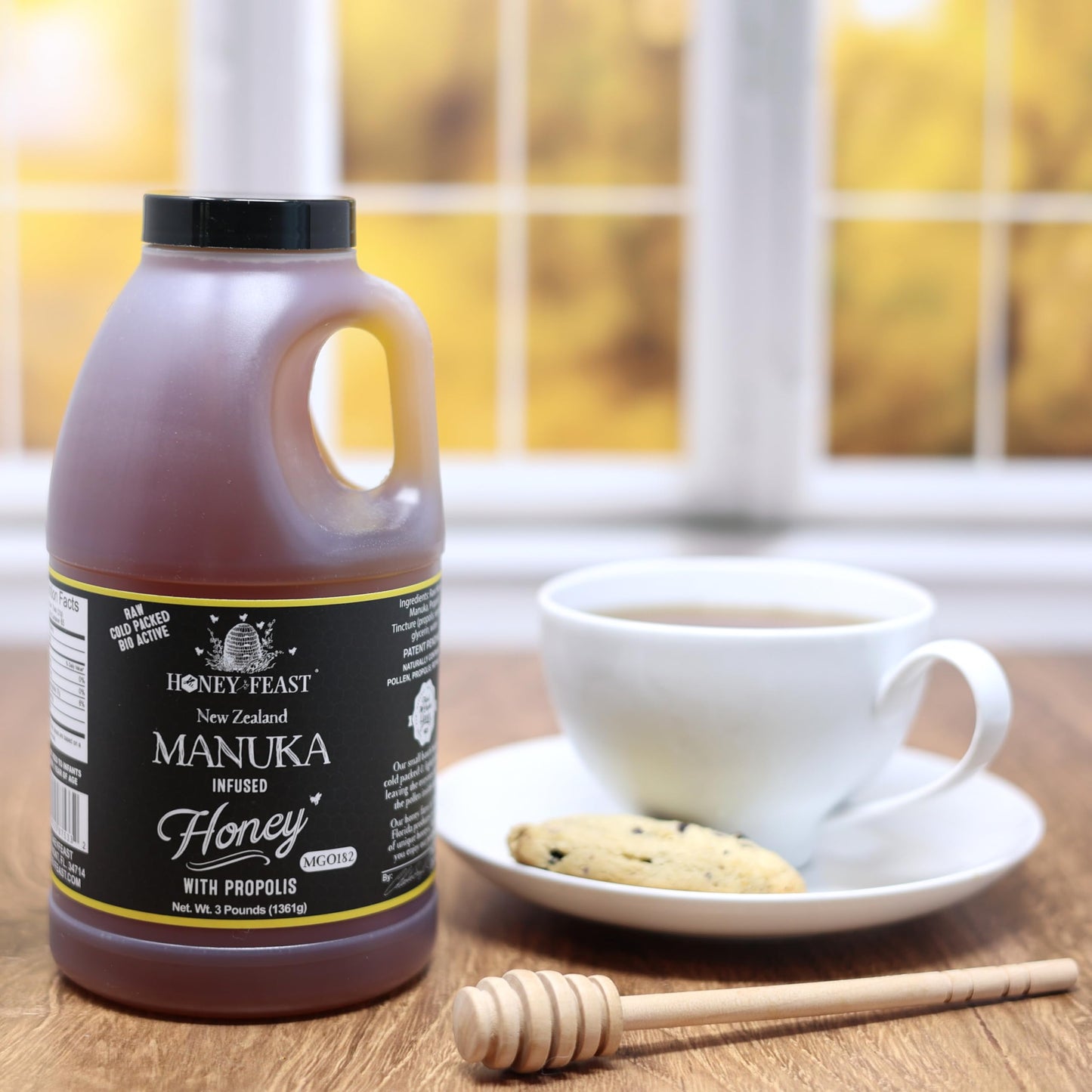 HONEY FEAST Manuka and Propolis Infused Honey | New Zealand Manuka infused Honey Blend with Propolis | Bulk Honey | MGO182 | Patent Pending Formula | 3lb Jar - Medaid International