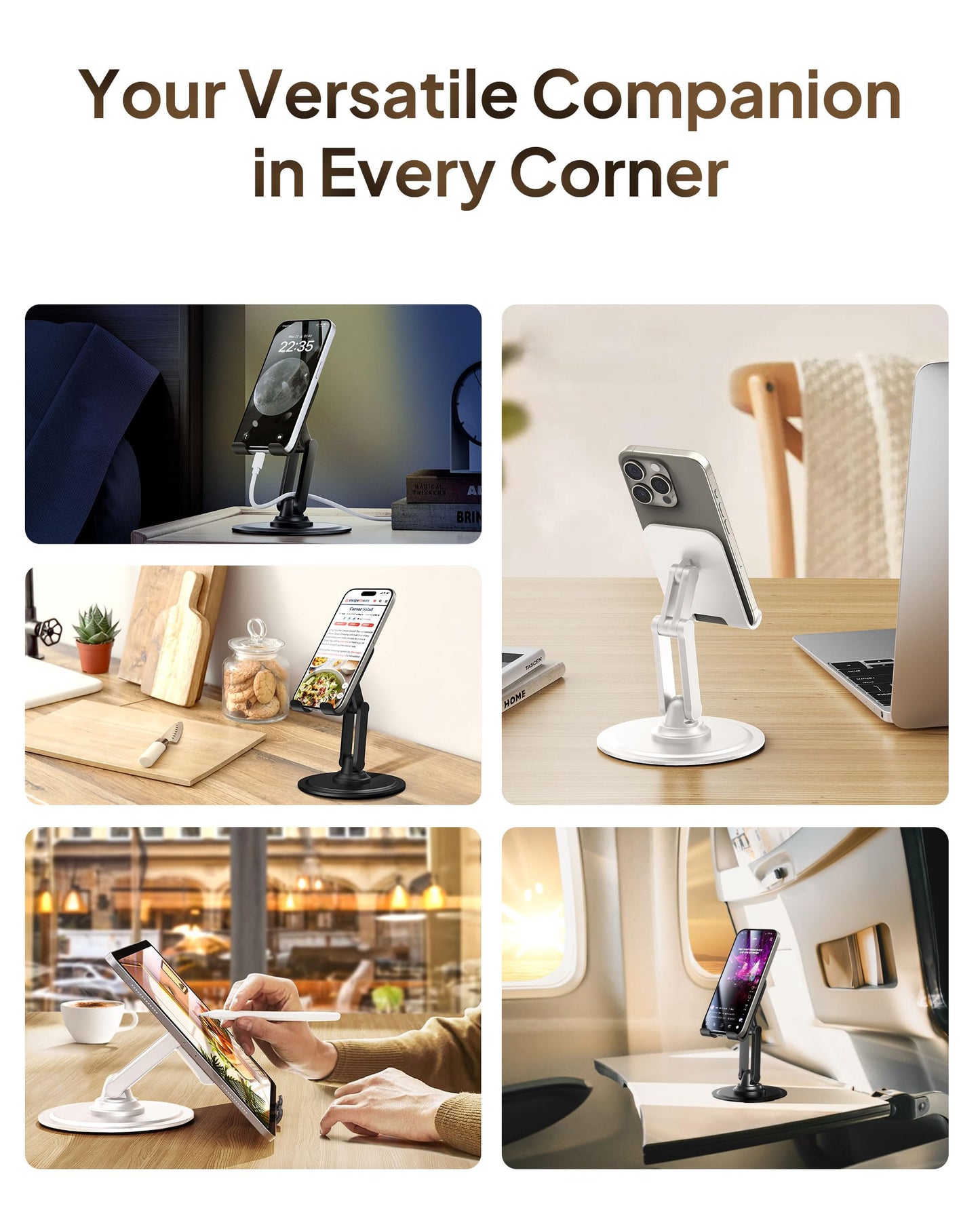 COOPER 360° Stand, Rotating Cell Phone Stand for Desk | Sturdy Metal Base, Foldable, Portable | Cell Phone Holder for Desk (Piano Black) - Medaid International