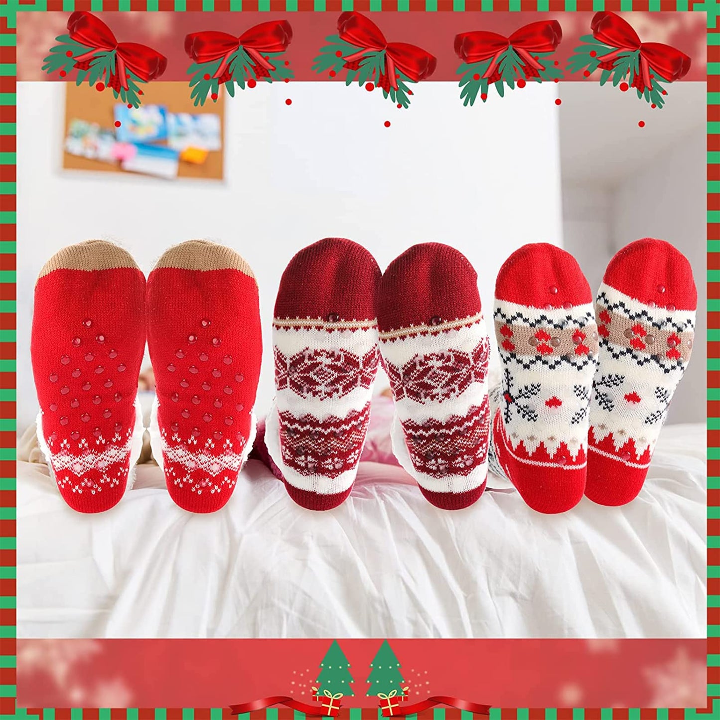 Sintege 3 Pairs Women Christmas Slipper Socks Winter Soft Warm Fuzzy Plush Cozy Fleece Lined Non Slip Christmas Socks Gifts(Cute Style) - Medaid International