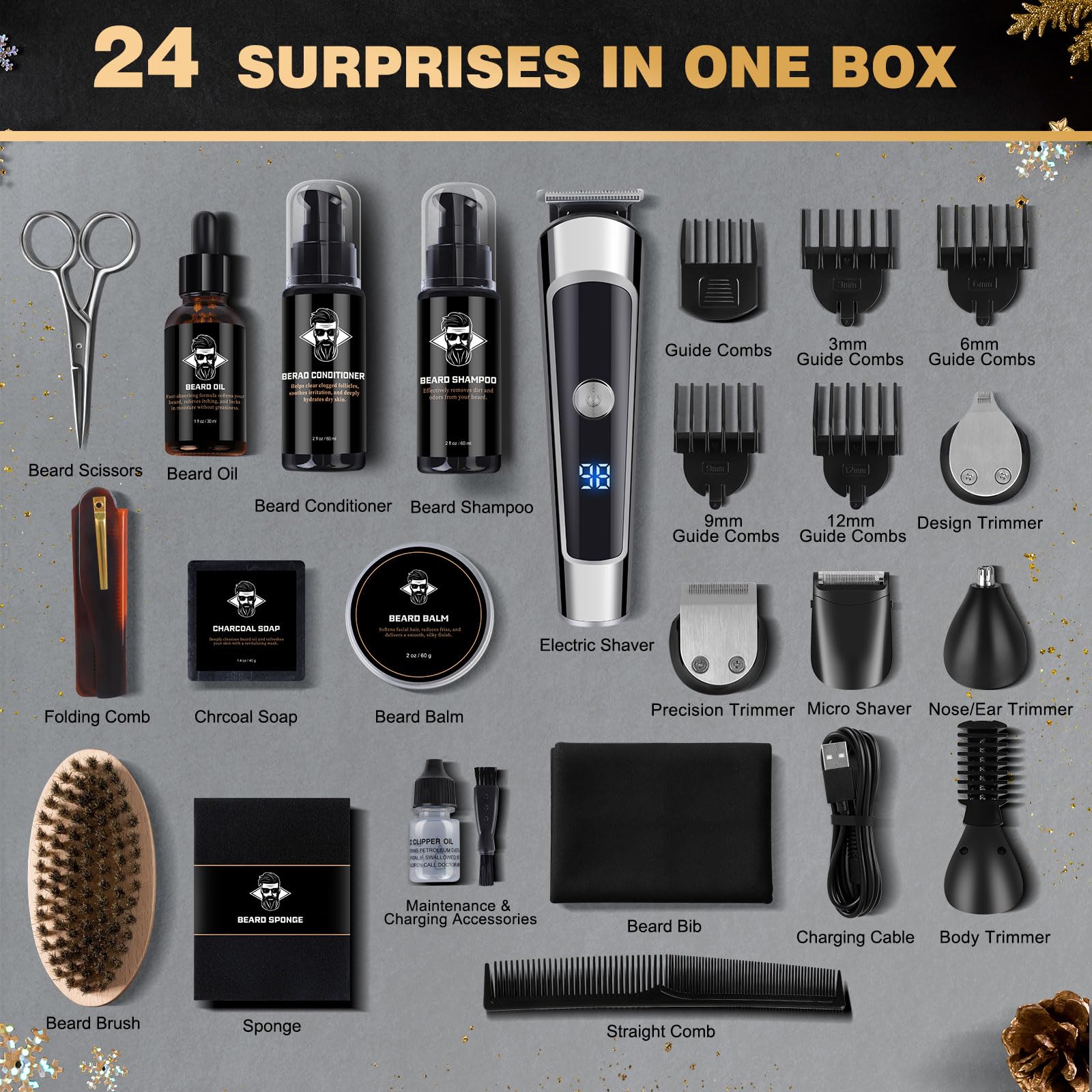 Hair & Beard Advent Beauty Calendar 2025 for Men Grooming Kit, 24 Days Christmas Countdown Calendar with Electric Trimmer Kit & Beard Care Kit for Men, Creative Gifts for Father Dad Husband Boyfriend - Medaid International