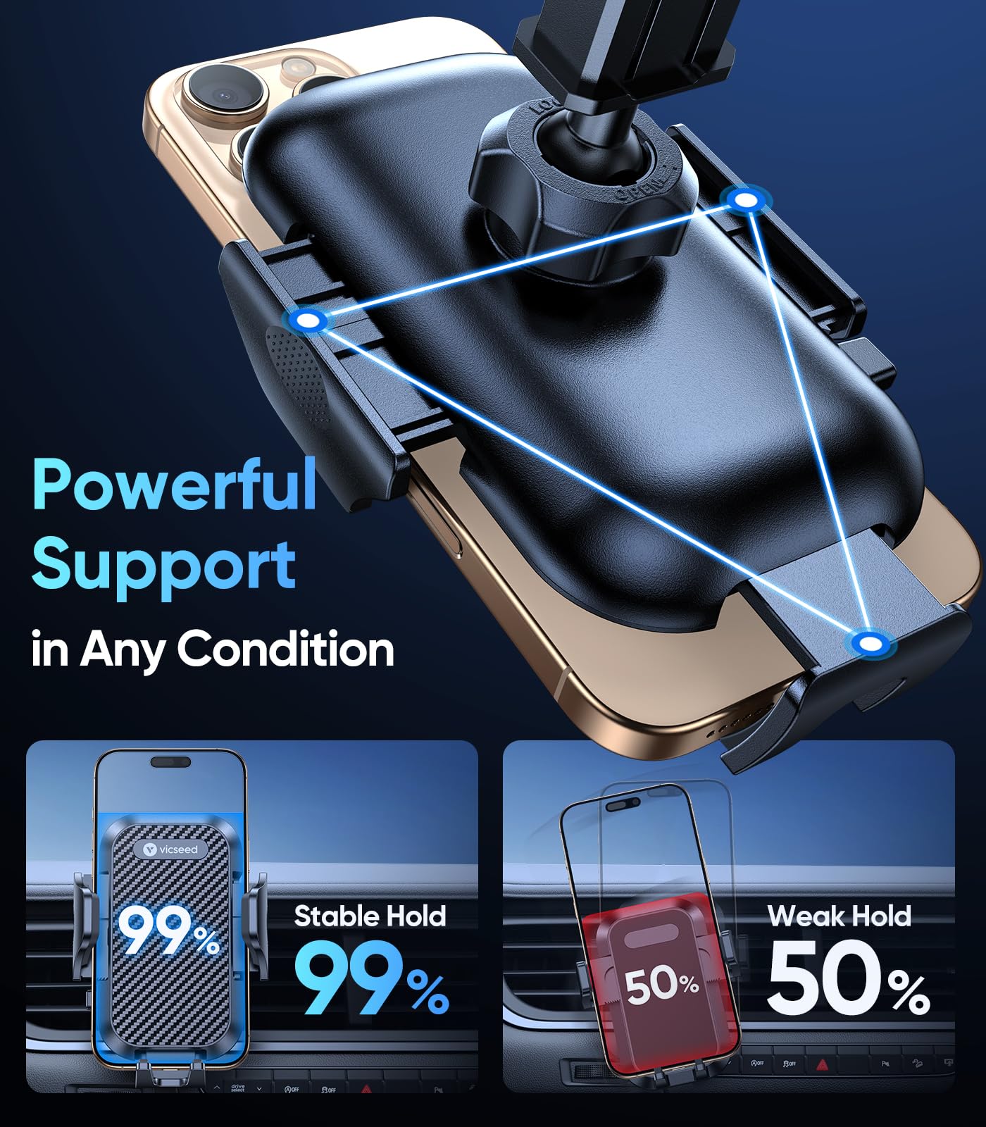 VICSEED True Military-Grade Phone Holders for Your Car [Upgraded 95+LBS Strongest Suction] Cell Phone Mount for Car Dashboard Windshield Vent Truck Boat Stand Adjustable for iPhone 17 ProMax Android - Medaid International