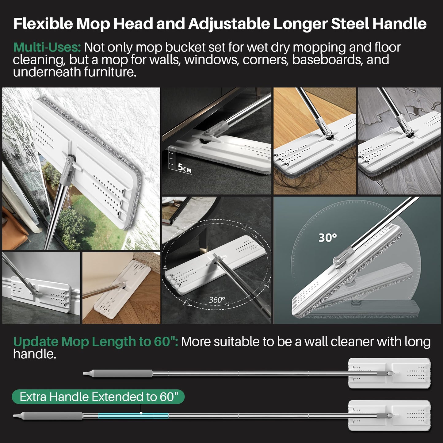 JOYMOOP Mop and Bucket Set with Wringer, Flat Mops for Floor Cleaning, Wall Mop Cleaner with Long Handle, Hardwood Floor Mop with 4 Microfiber Pads - Medaid International