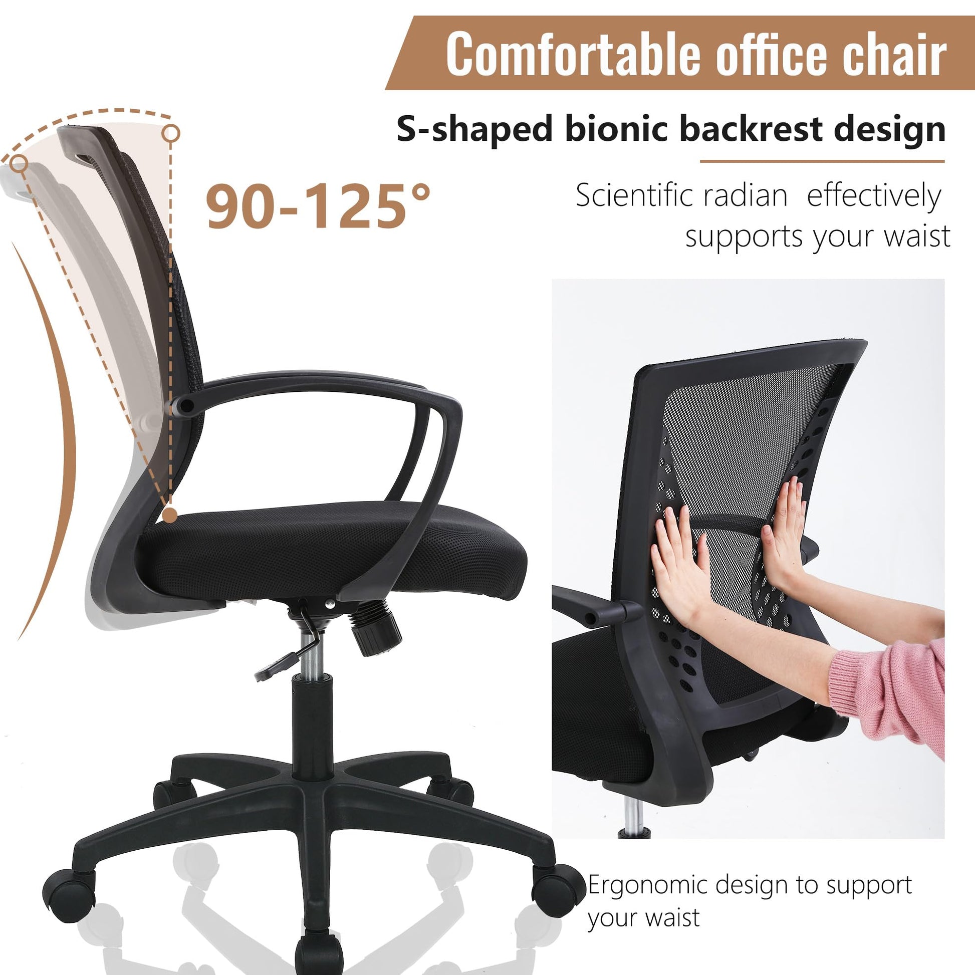 Home Office Chair Mid Back PC Swivel Lumbar Support Adjustable Desk Task Computer Ergonomic Comfortable Mesh Chair with Armrest (Black) - Medaid International