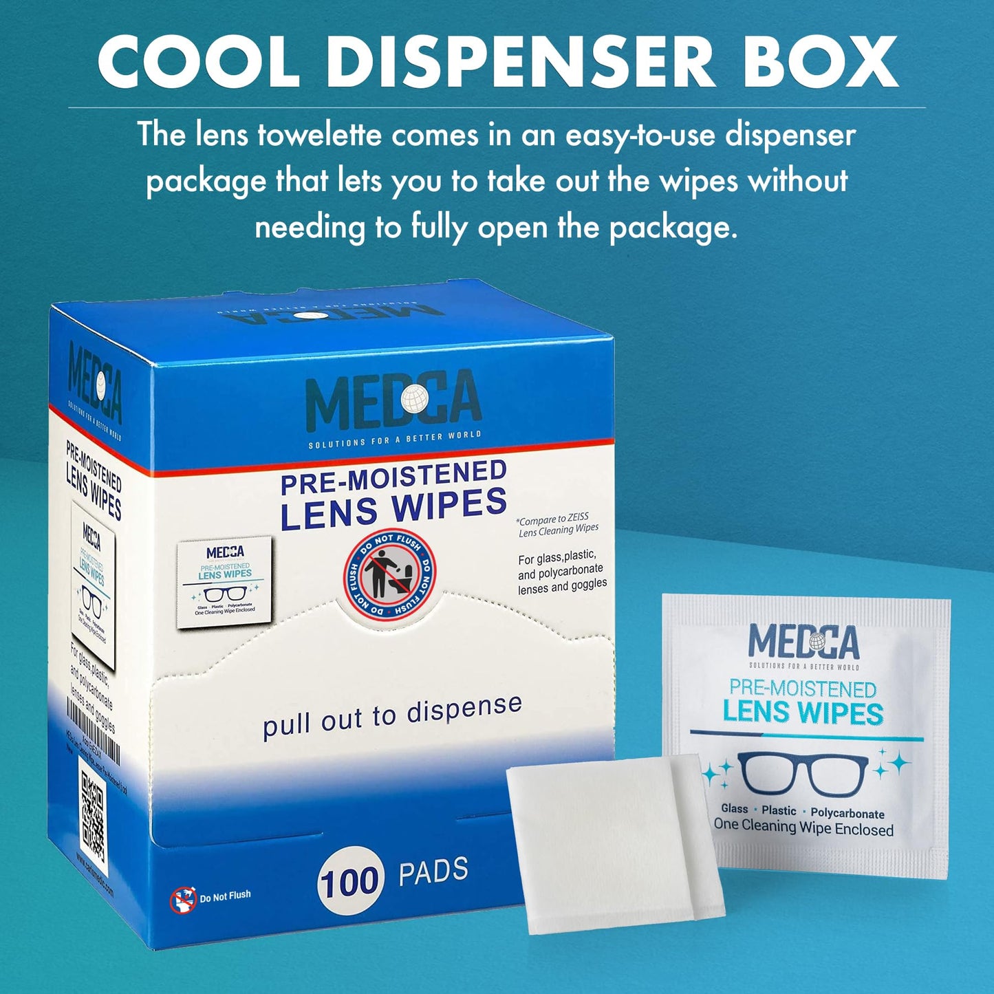 Premoistened Lens and Glass Cleaning Wipes - Portable Travel Cleaner for Glasses, Camera, Cell Phone, Smartphone, and Tablet - Disposable, Quick Drying, Streak Free - Individually Wrapped, Pack of 100 - Medaid International