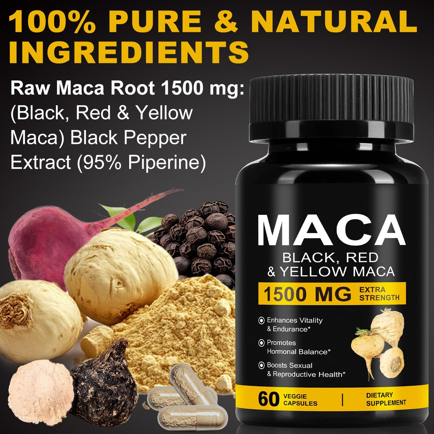 Daiasns Organic Maca Root Powder Capsules 1500 mg with Black + Red + Yellow Peruvian Maca Root Extract Supplement for Men and Women - 60 Vegan Capsules - Medaid International